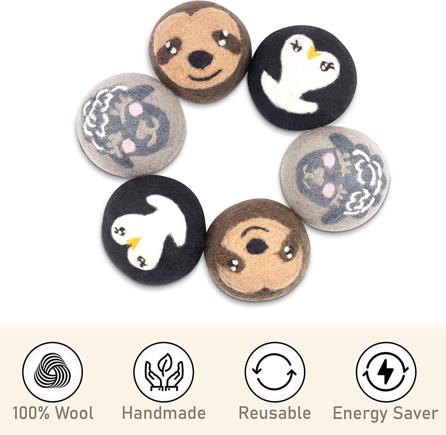 Wool Dryer Balls Penguin, Sloth, & Sheep Design 6-Pack Natural Fabric Softener