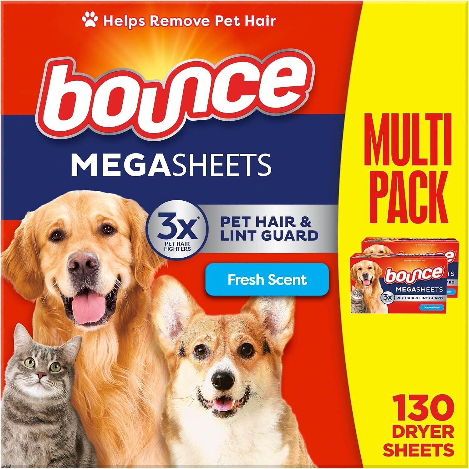 Bounce Pet Hair & Lint Guard Mega Dryer Sheets Fresh Scent 130 Count, 3X Pet Hai