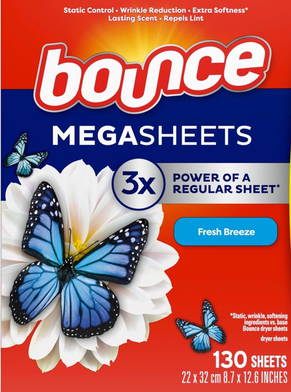 BOUNCE MEGA Sheets 3X Power Of Regular Dryer Sheets – Fresh Breeze 130Ct