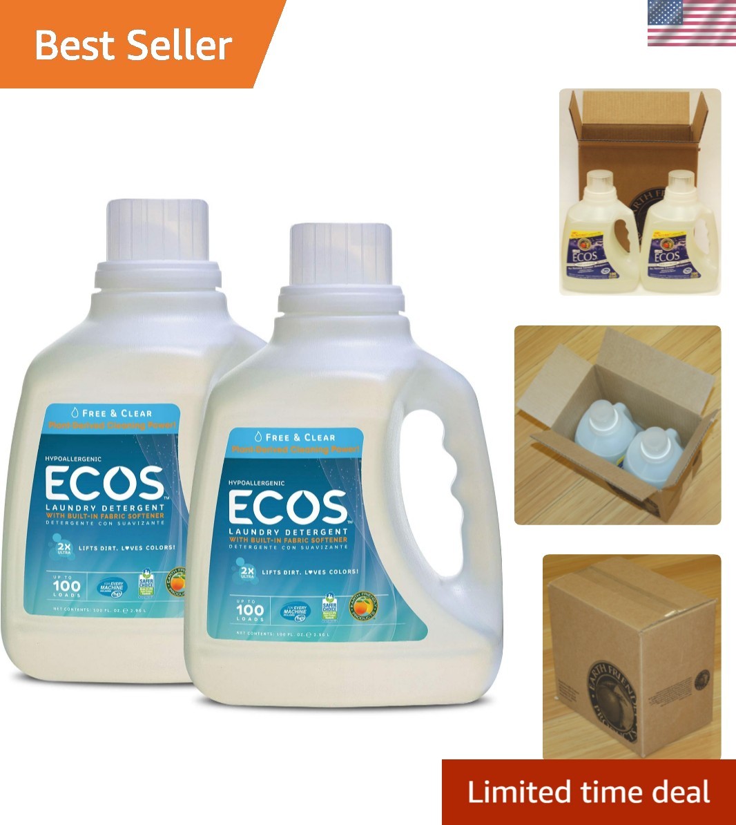 Ecos 2x Liquid Laundry Detergent, Free & Clear, 100 Fl Oz Pack of 2