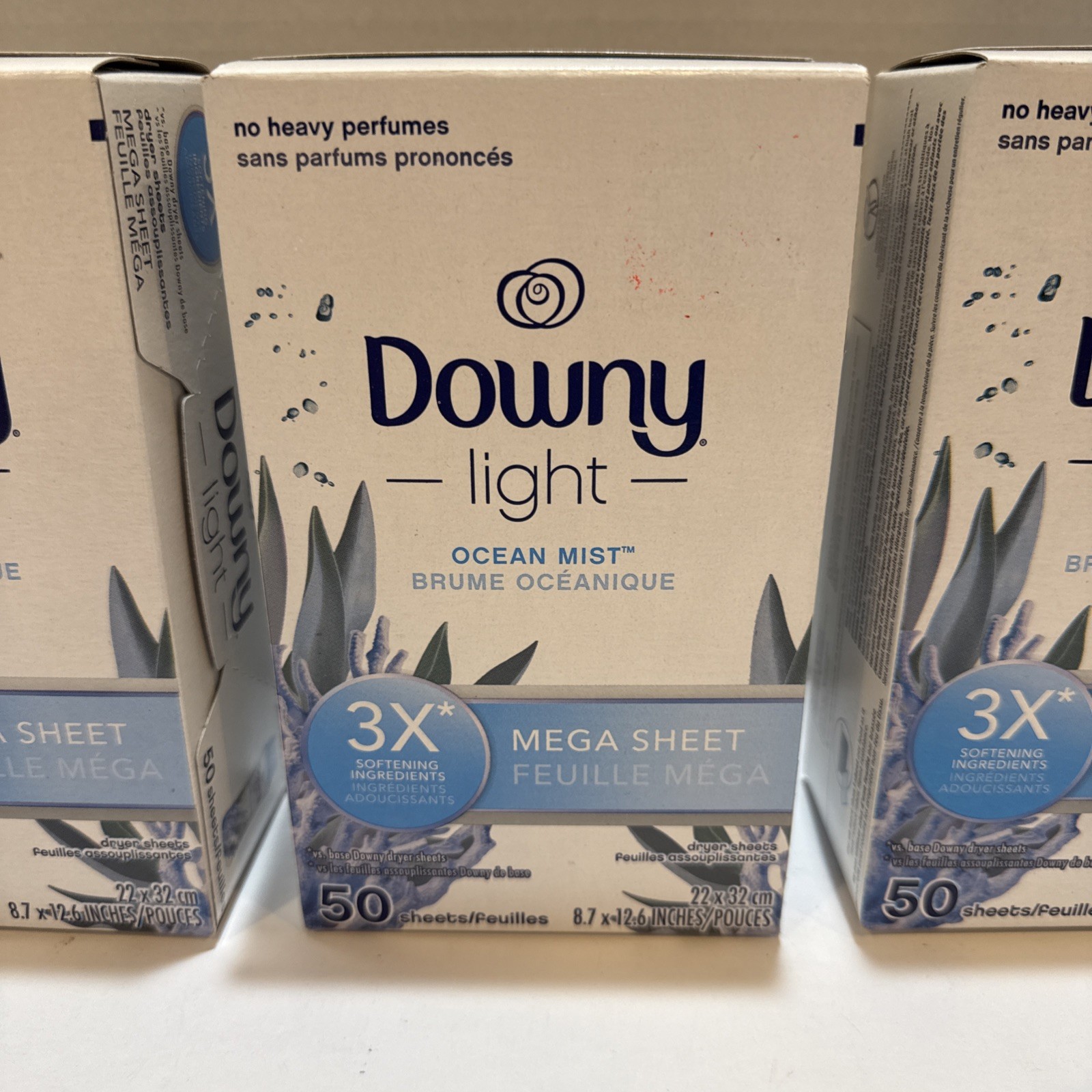 Lot 3: Downy Light Ocean Mist 3x Softening Ingredients 50 Mega Dryer Sheets