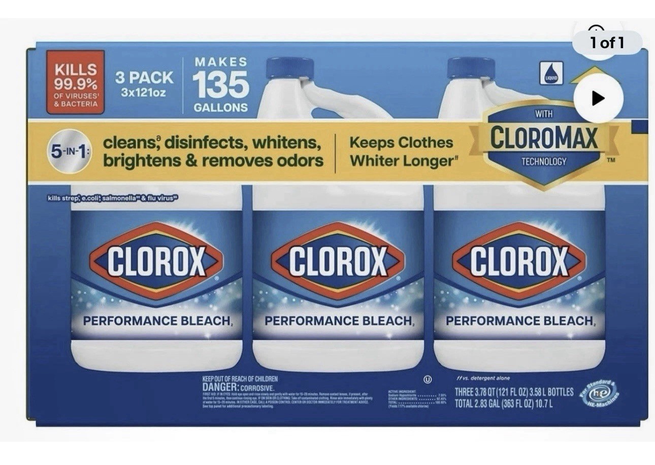 Clorox Performance Bleach 3 Pack 135 Gallons Disinfects Whitens Brightens Odors