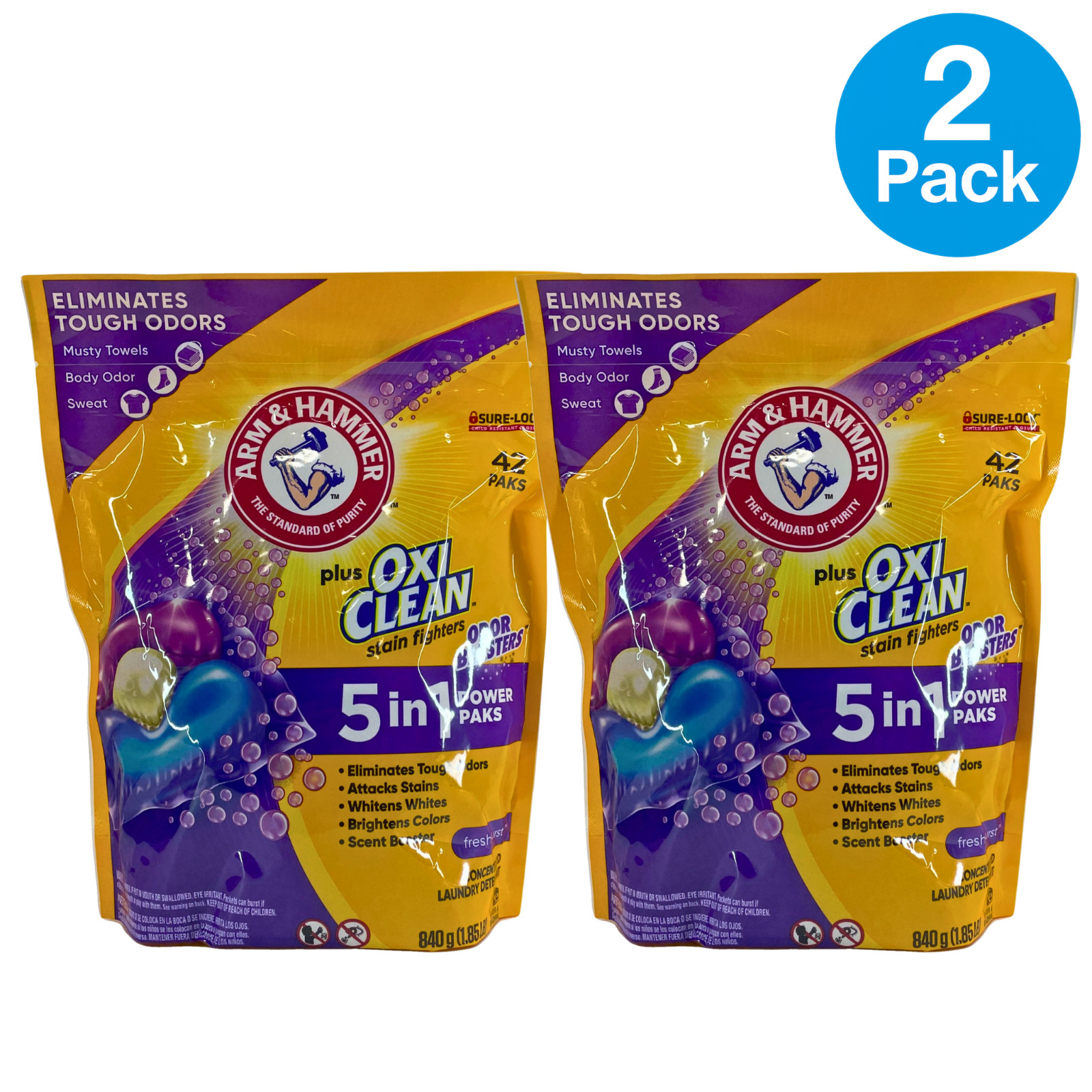 Arm & Hammer Plus OxiClean 5 in 1 Power Paks 42 Count 2 Pack New