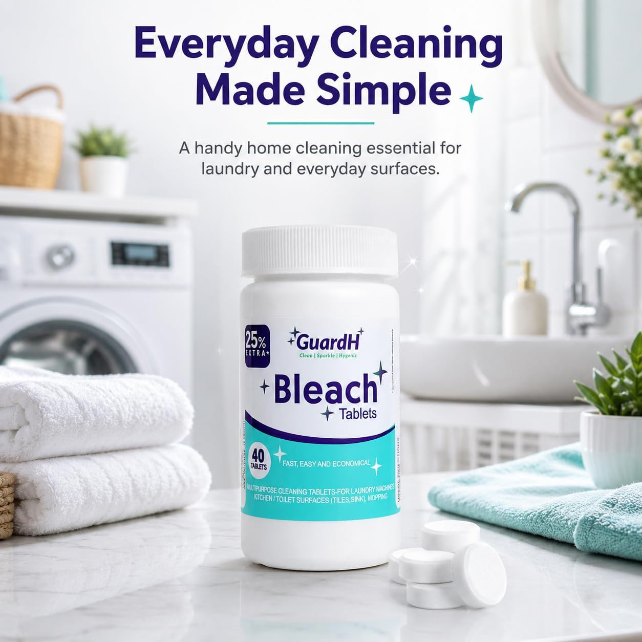 Bleach Tablets for Laundry & Household Cleaning – 40 Count Fast Dissolving Bleac