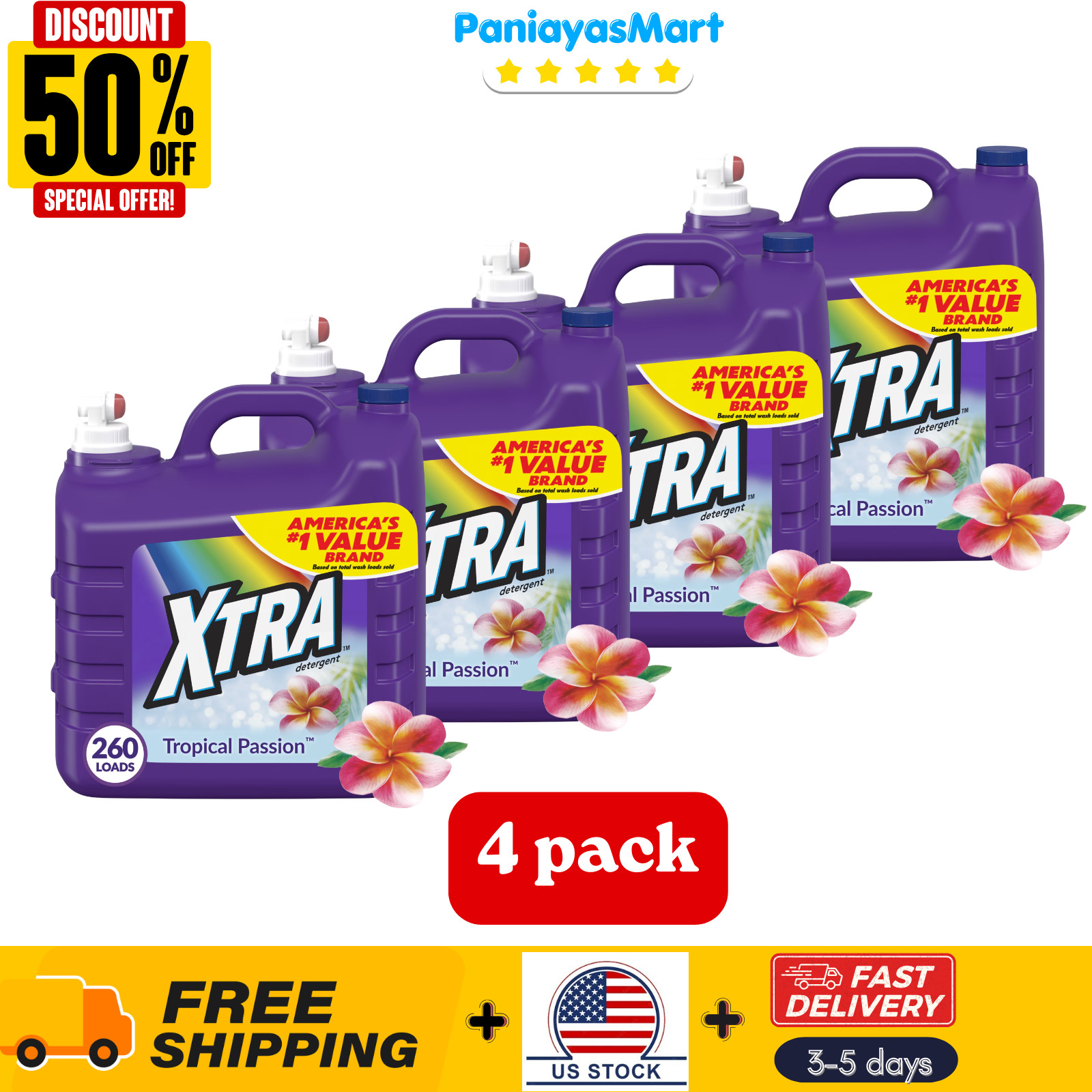 4 pack – Xtra Tropical Passion, 260 Loads Liquid Laundry Detergent, 312 fl oz