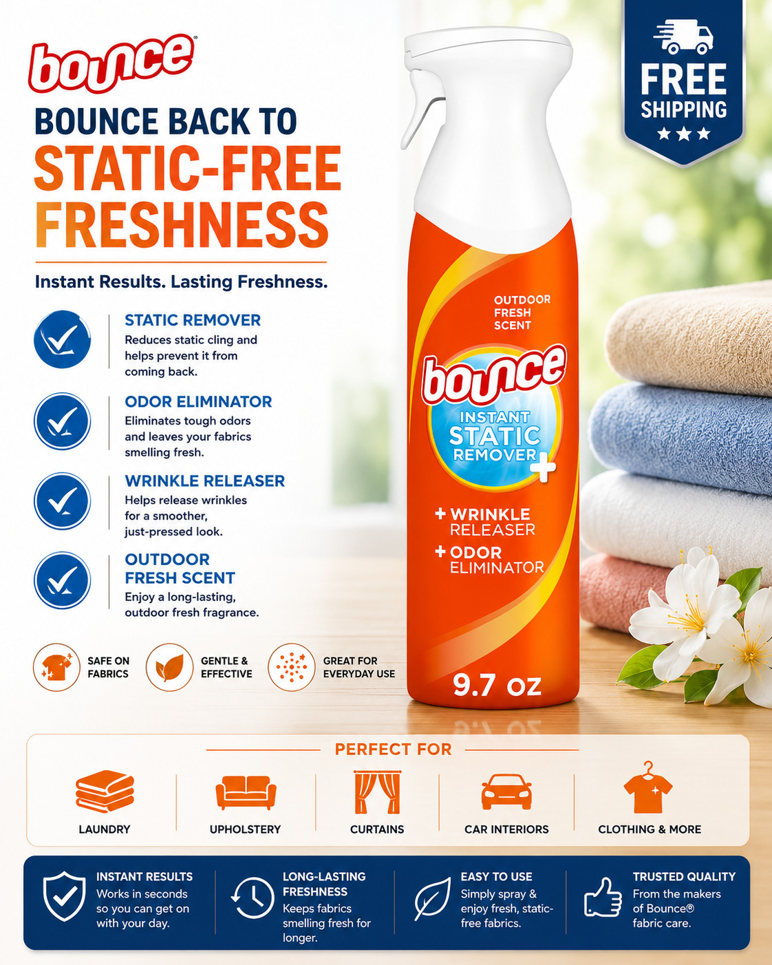 Bounce Rapid Touch Up 3 in 1 Wrinkle Releaser Fresh Scent 9.7oz- Free Shipping