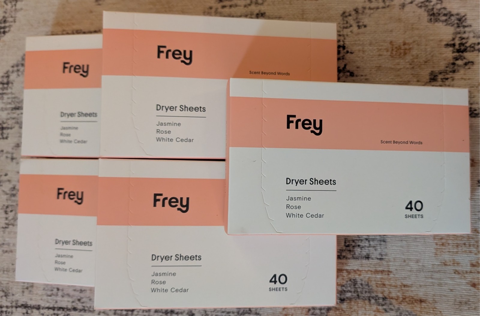 Frey Dryer Sheets Jasmine Rose White Cedar 40 Sheets Each Lot of 5 Boxes