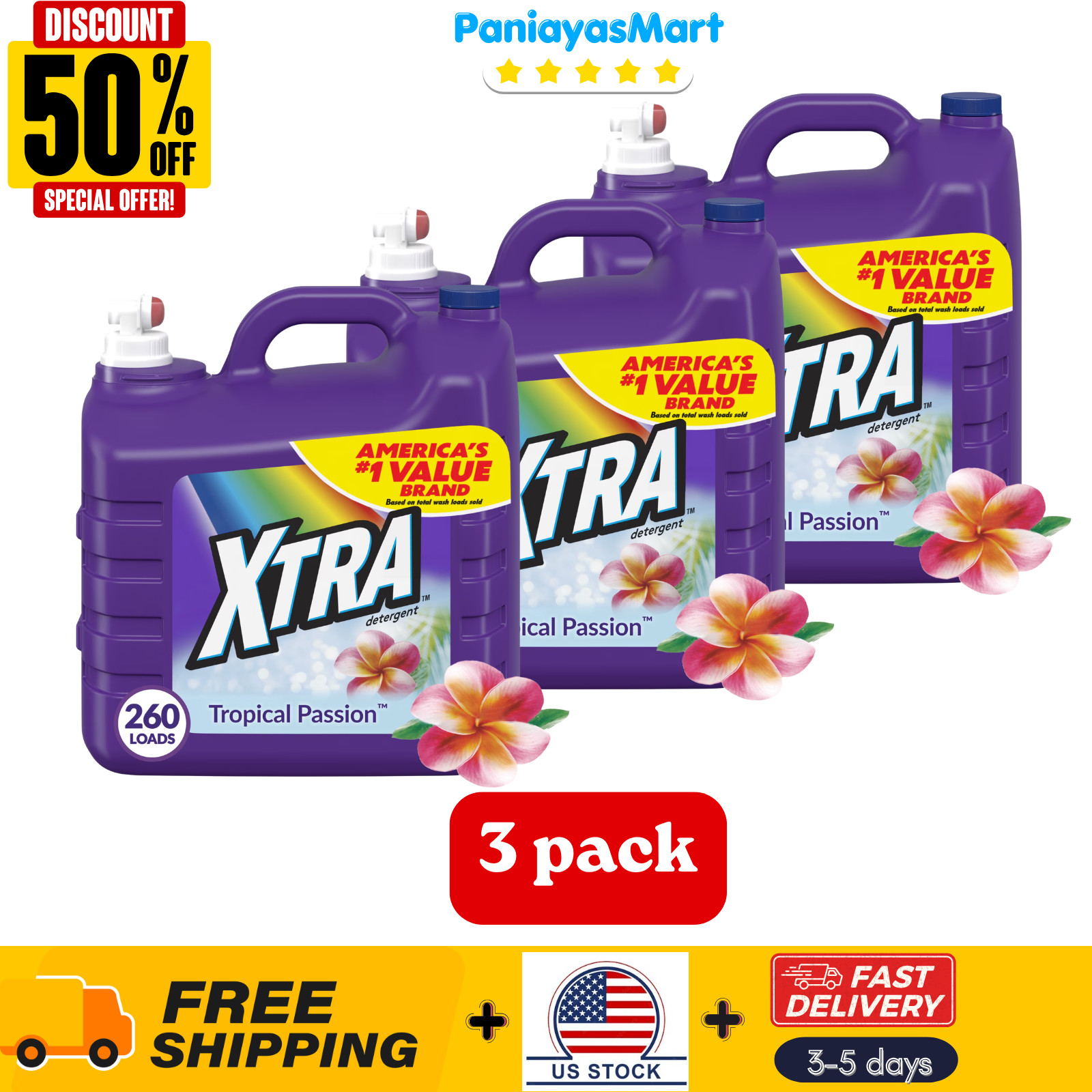 3 pack – Xtra Tropical Passion, 260 Loads Liquid Laundry Detergent, 312 fl oz