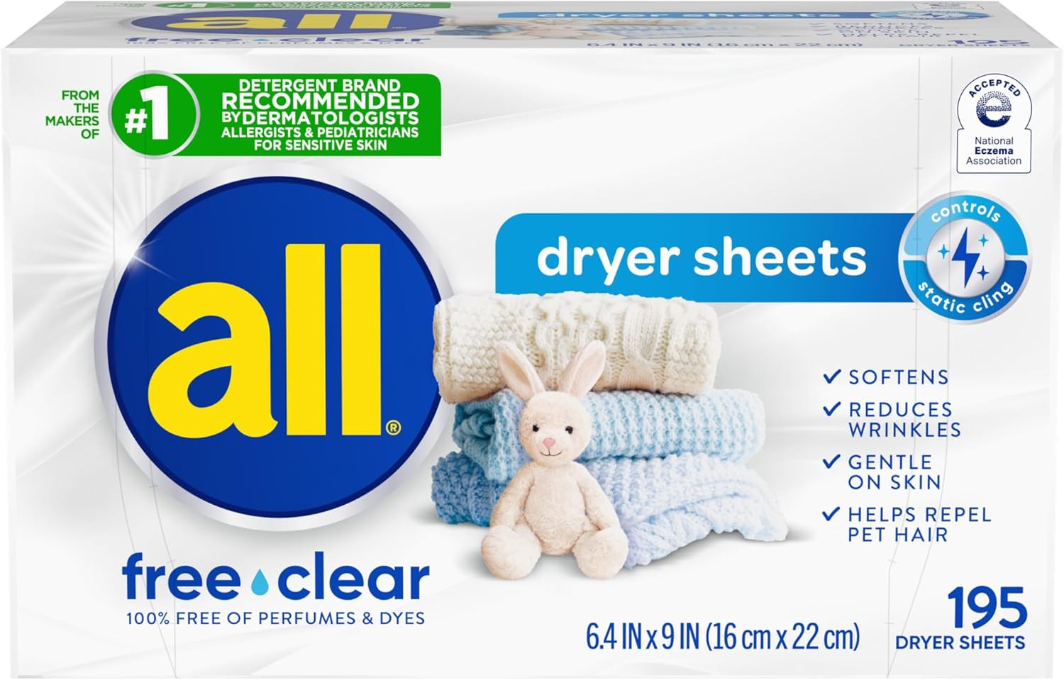 Free Clear Fabric Softener Dryer Sheets for Sensitive Skin, 195 Count, Hypoergen