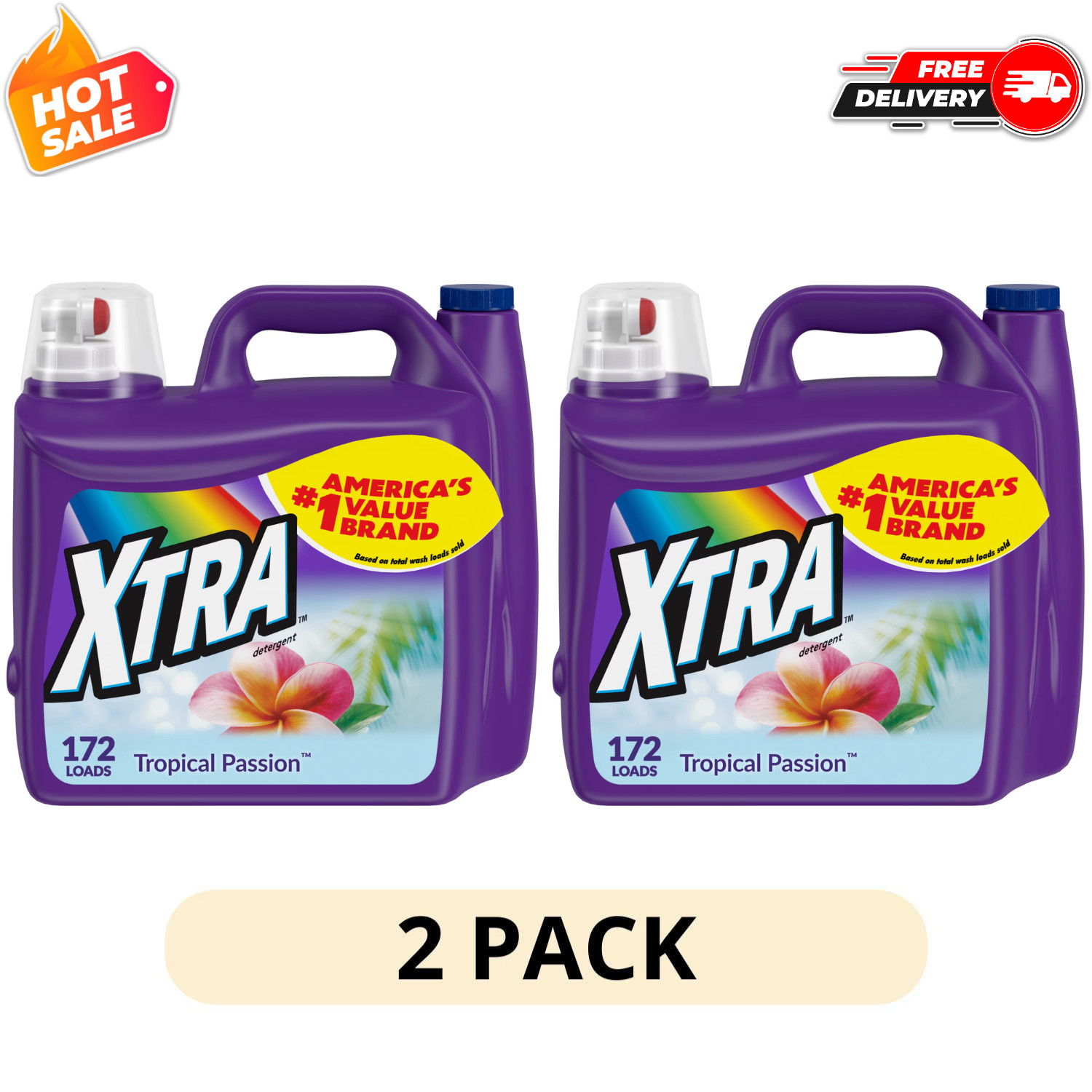 2 Pack Xtra Laundry Detergent Tropical Passion 206.4 fl oz, 172 Loads, Bulk Pack