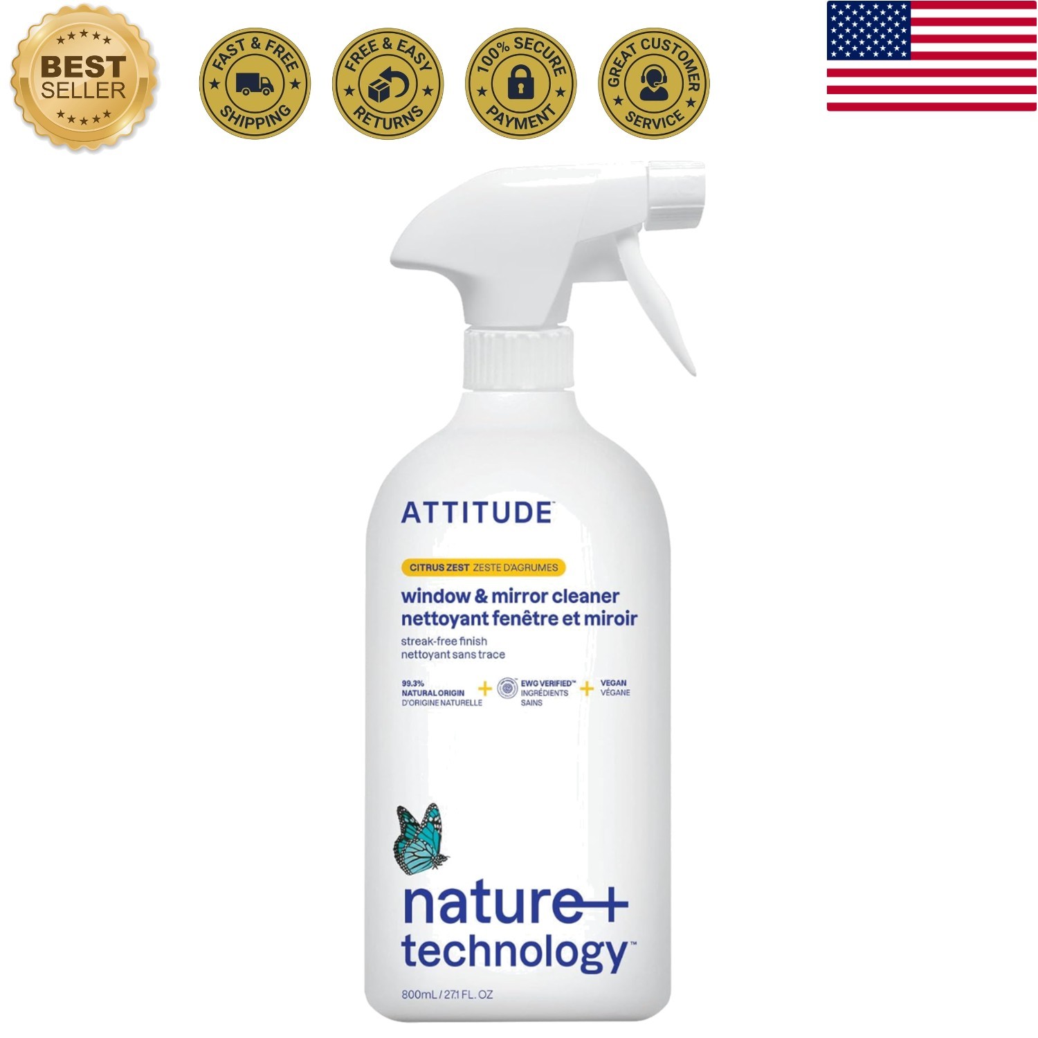 ATTITUDE Window and Mirror Cleaner, EWG Verified, Plant- and Mineral-Based In…