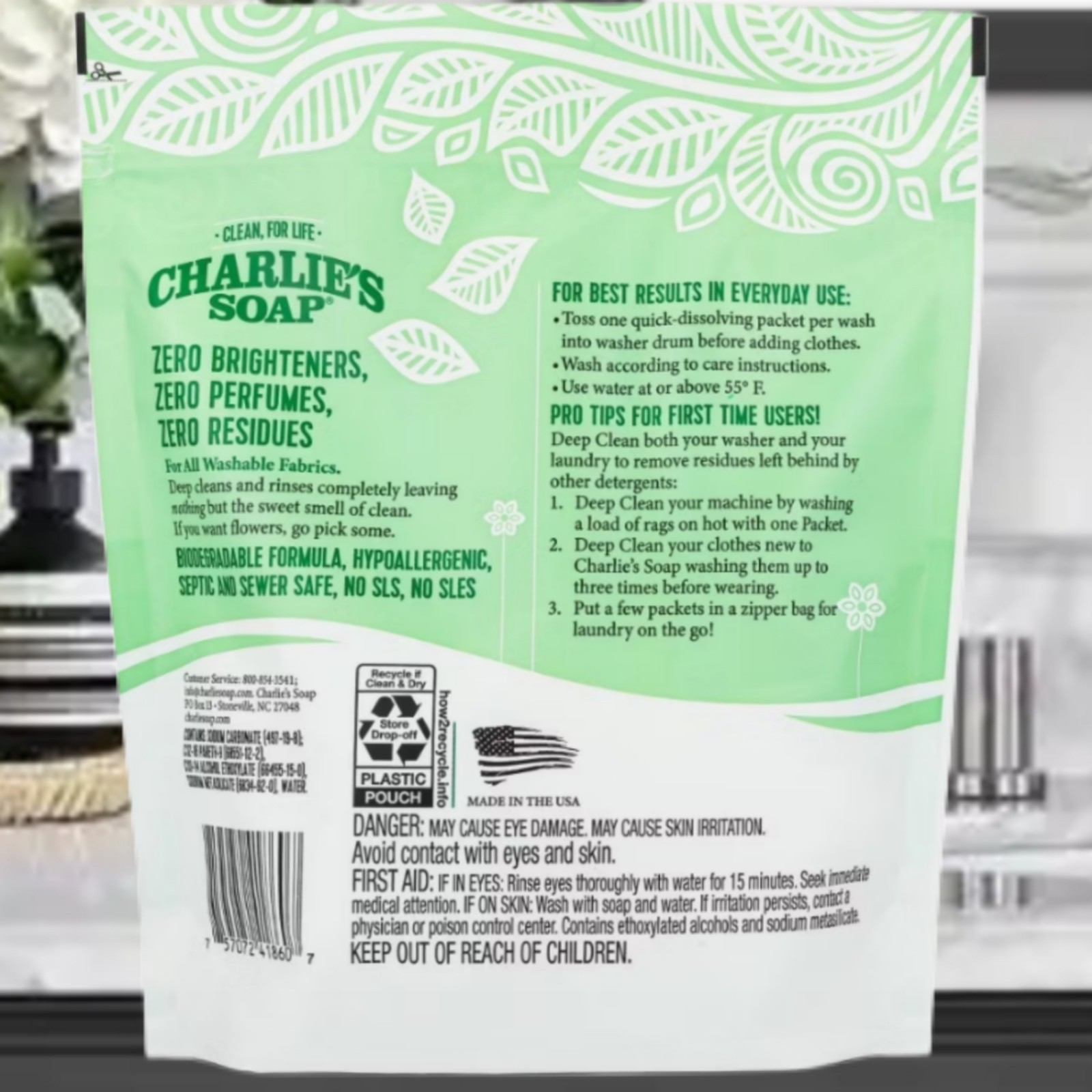 Charlie’s Soap Laundry Detergent Packets Fragrance-Free Hypoallergenic 60 Ct