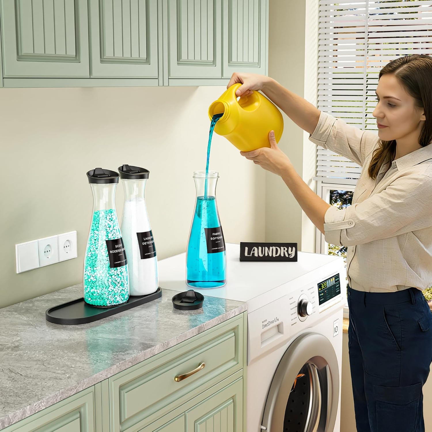 3 Pack Dispensador Detergente Líquido 1.6L con Bandeja y 12 Etiquetas Lavandería