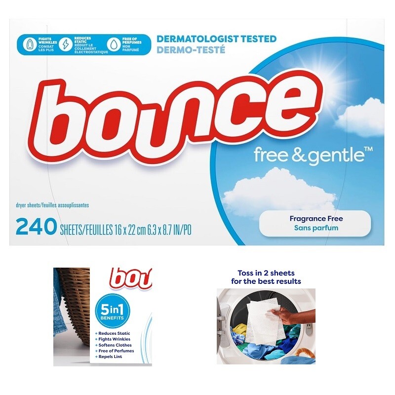 Bounce Dryer Sheets Laundry Unscented Fabric Softener Free & Gentle Sheet 240 Ct