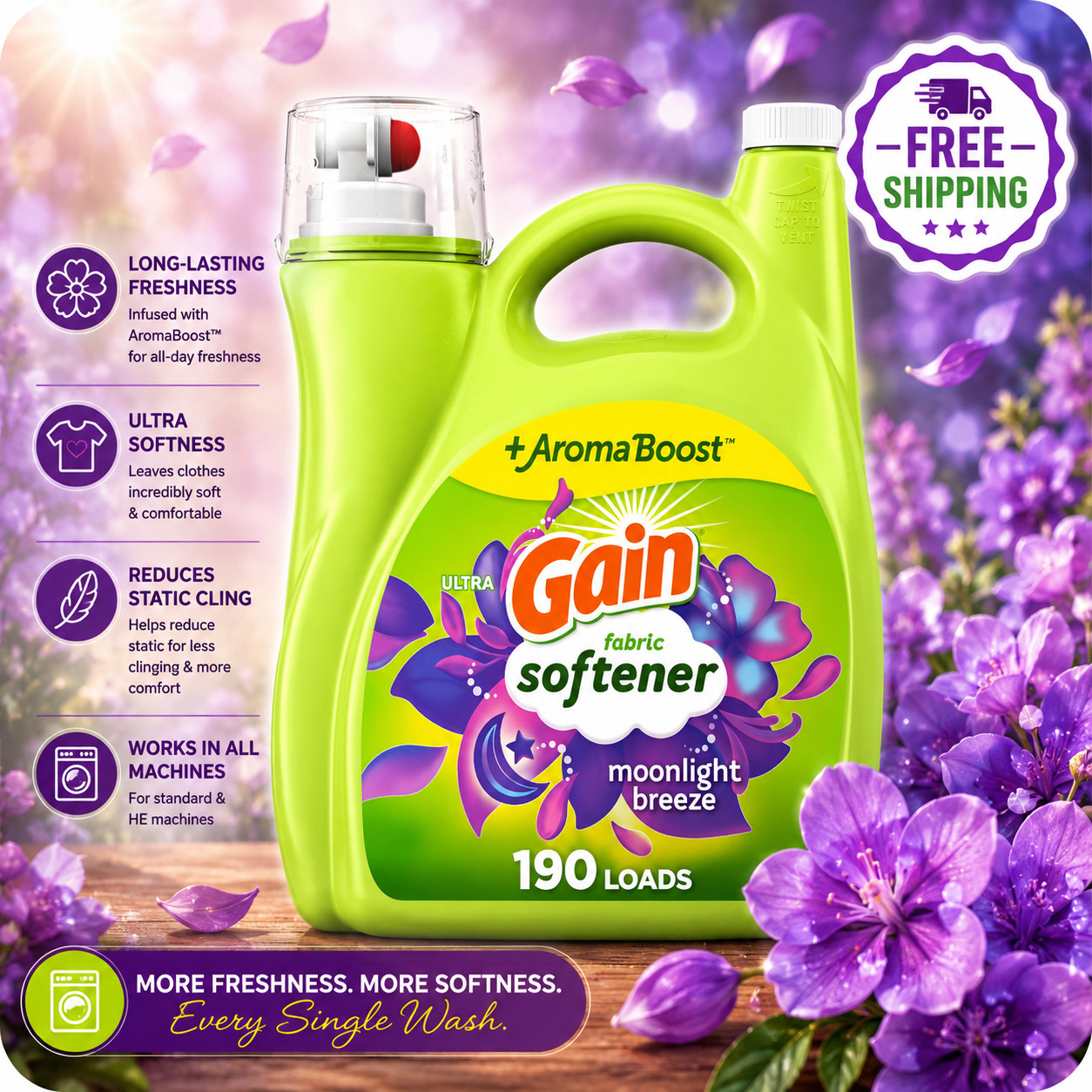 Gain Fabric Softener Moonlight Breeze 140 fl oz 190 Loads- Free Shipping