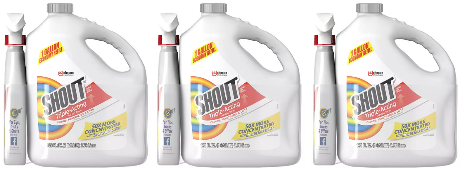 3 pack Shout Triple-Acting Laundry Stain Remover 128 fl. oz. + 22 fl. oz trigger