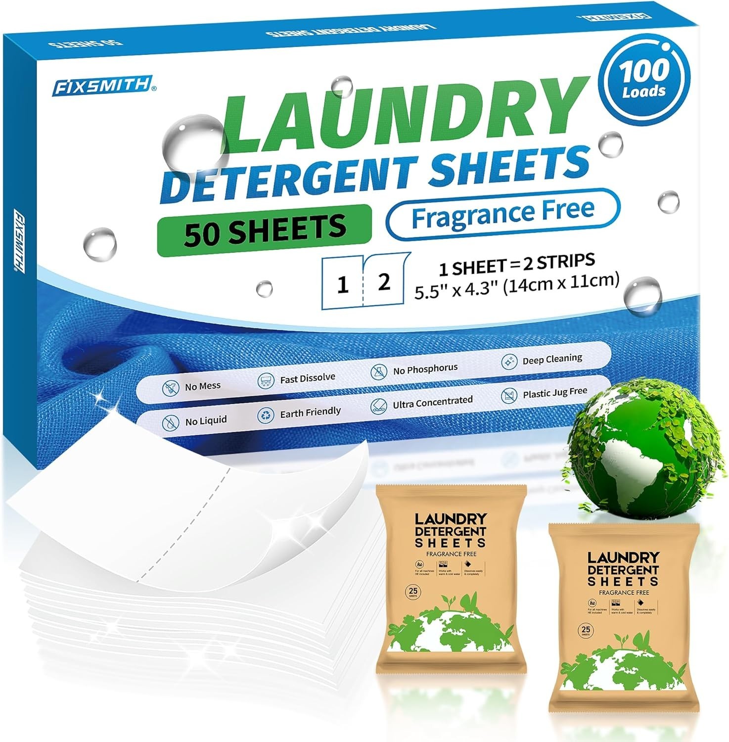 Plastic-Free Laundry Detergent Strips – 50 Unscented Sheets for Sensitive Skin