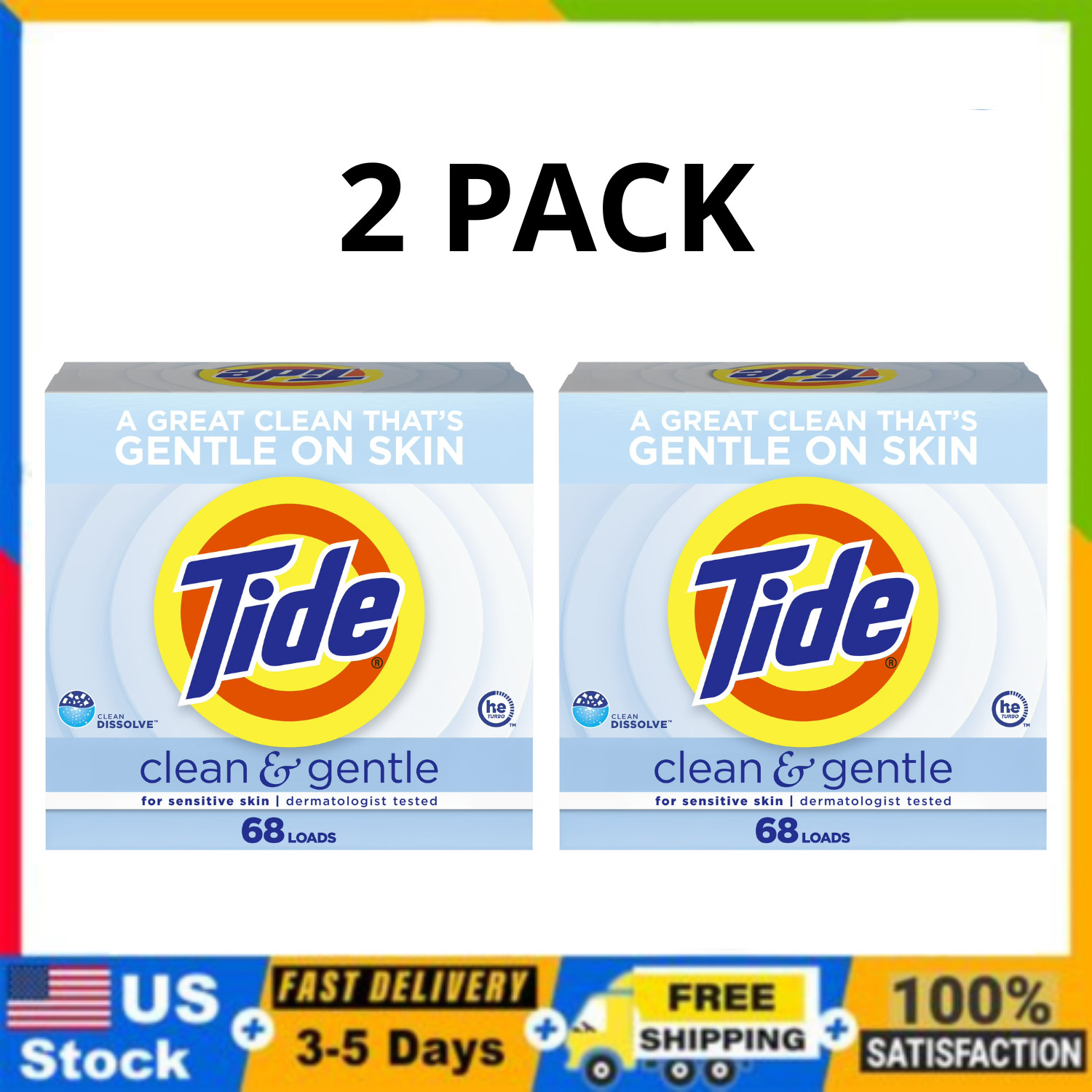 Tide Clean and Gentle Powder Laundry Detergent Unscented 77 oz, 68 Loads 2 Pack
