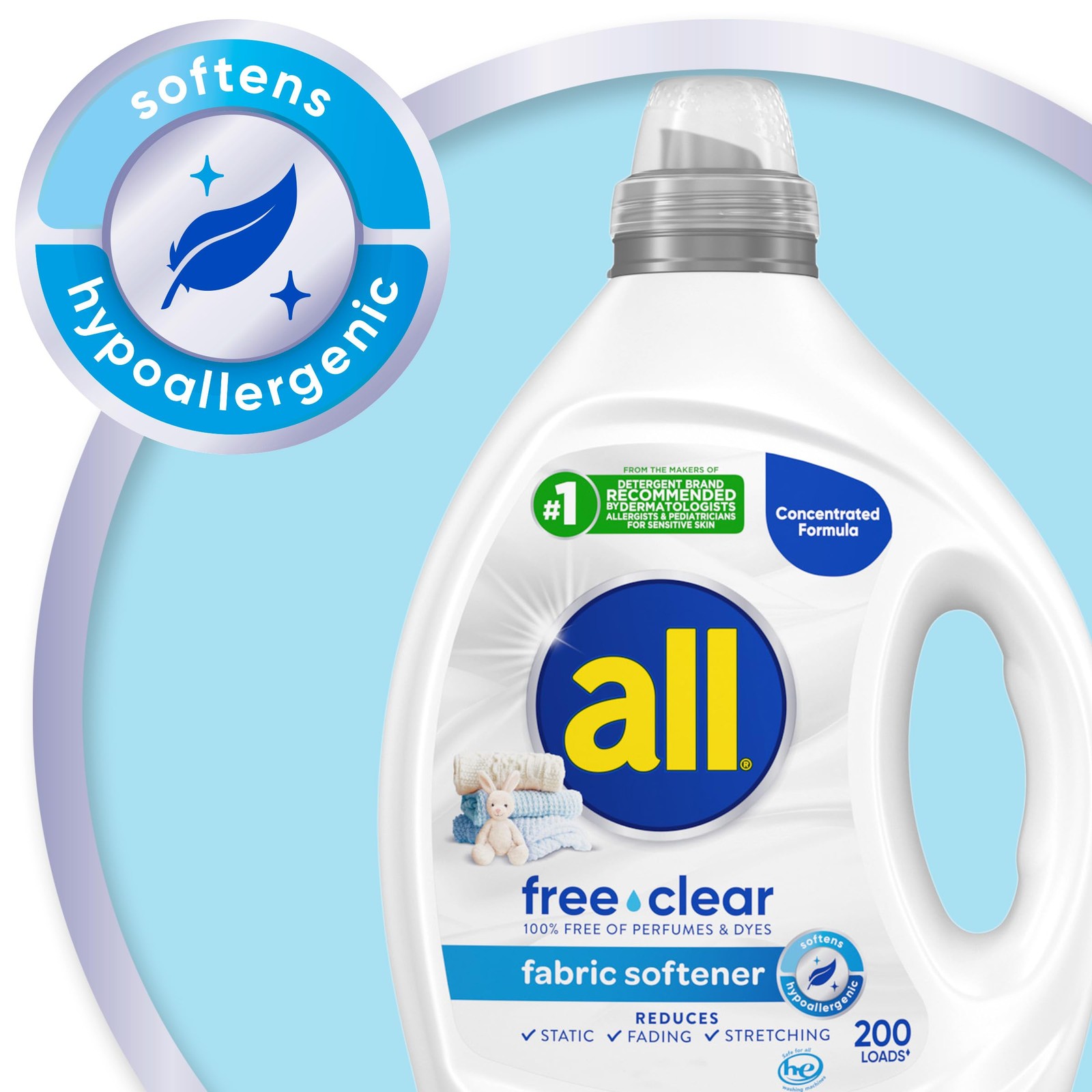 All Free Clear Liquid Fabric Softener for Sensitive Skin, 80 Oz, 200 Loads