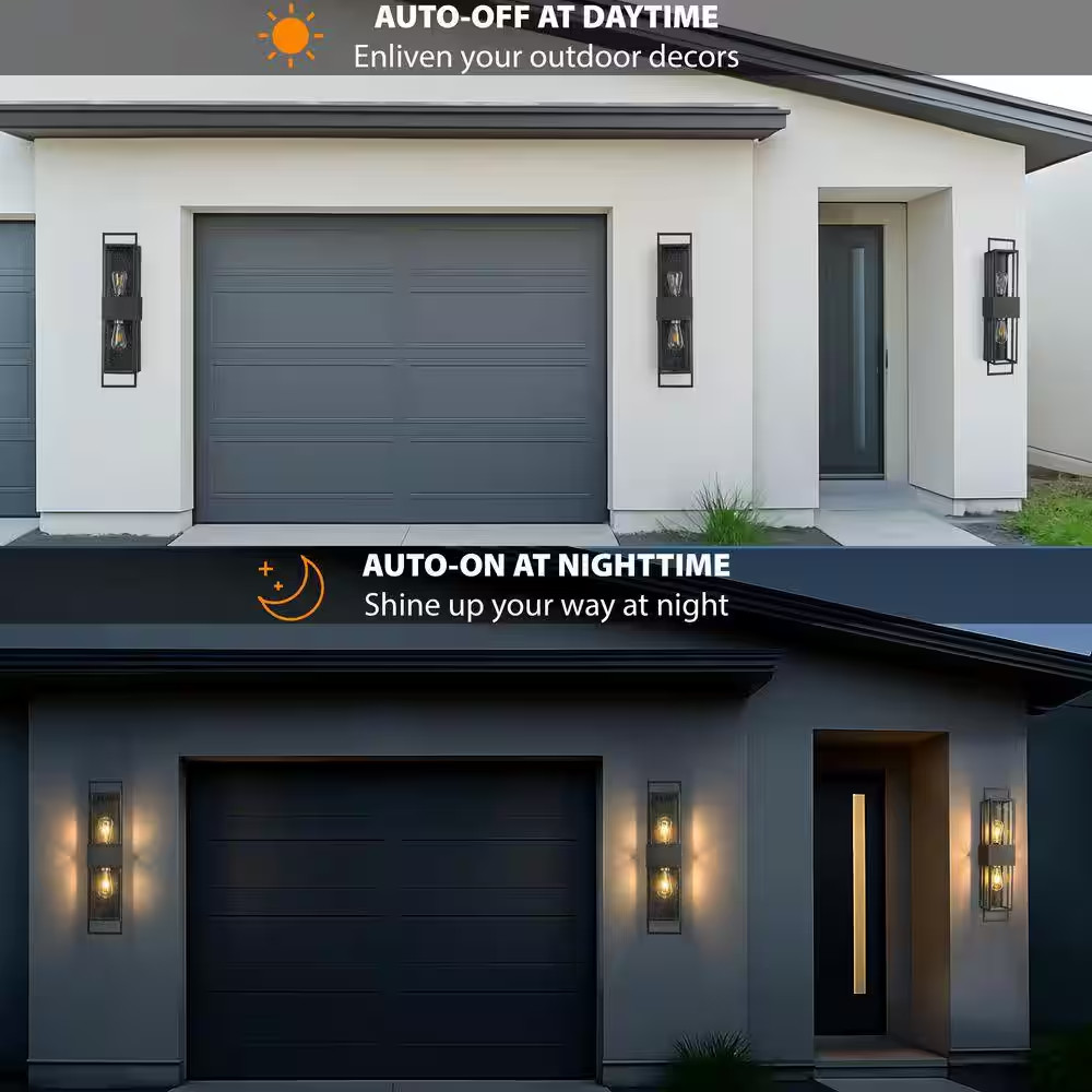 H26 In. 2-Light Modern Outdoor Wall Light W/ Dusk to Dawn Sensor Black Exterior