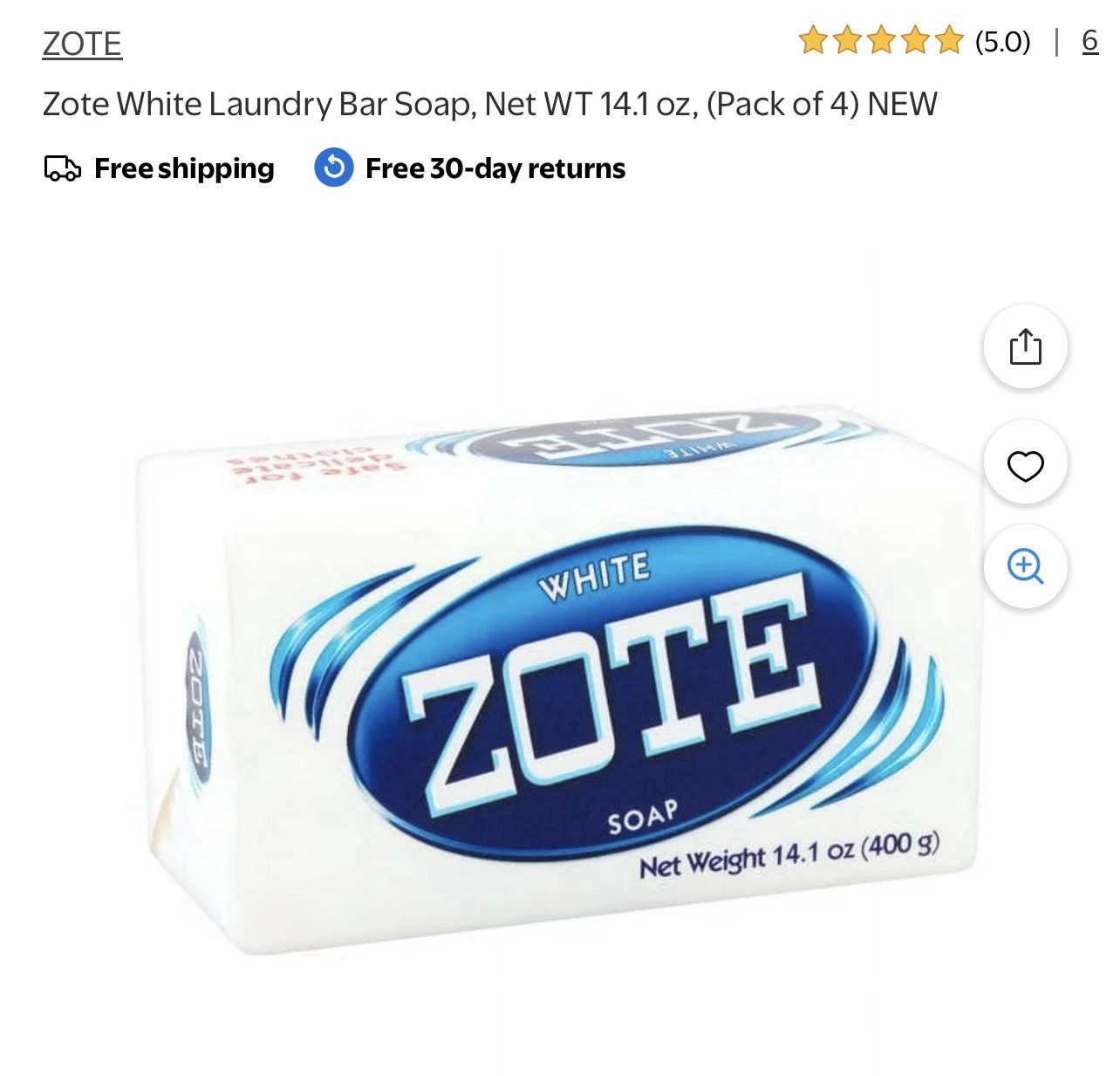 Zote White Laundry Bar Soap Optical Brightener 14.1oz Each (Pack of 4)