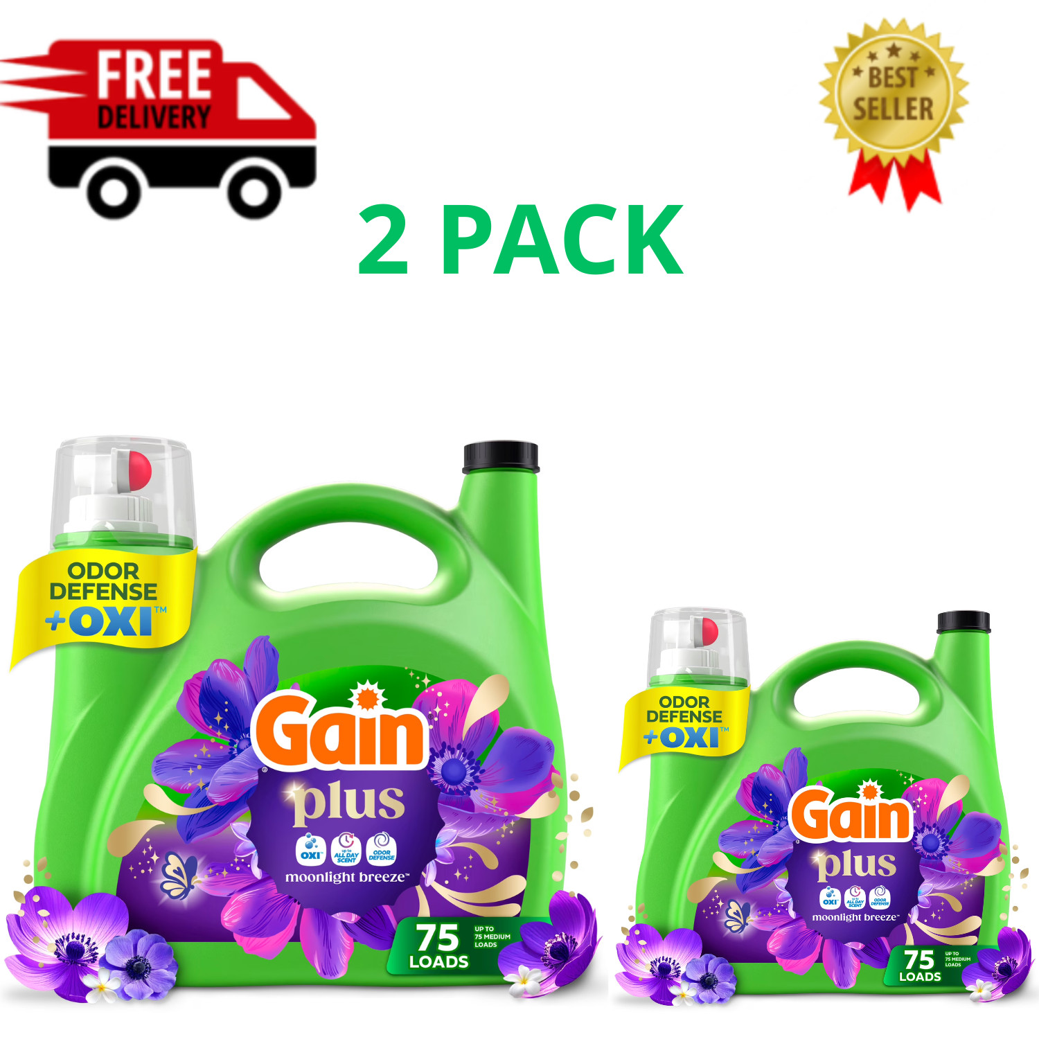 Gain LQ HE Moonlight Breeze Plus Laundry Detergent 75 Loads, 99 fl oz, 2 Pack