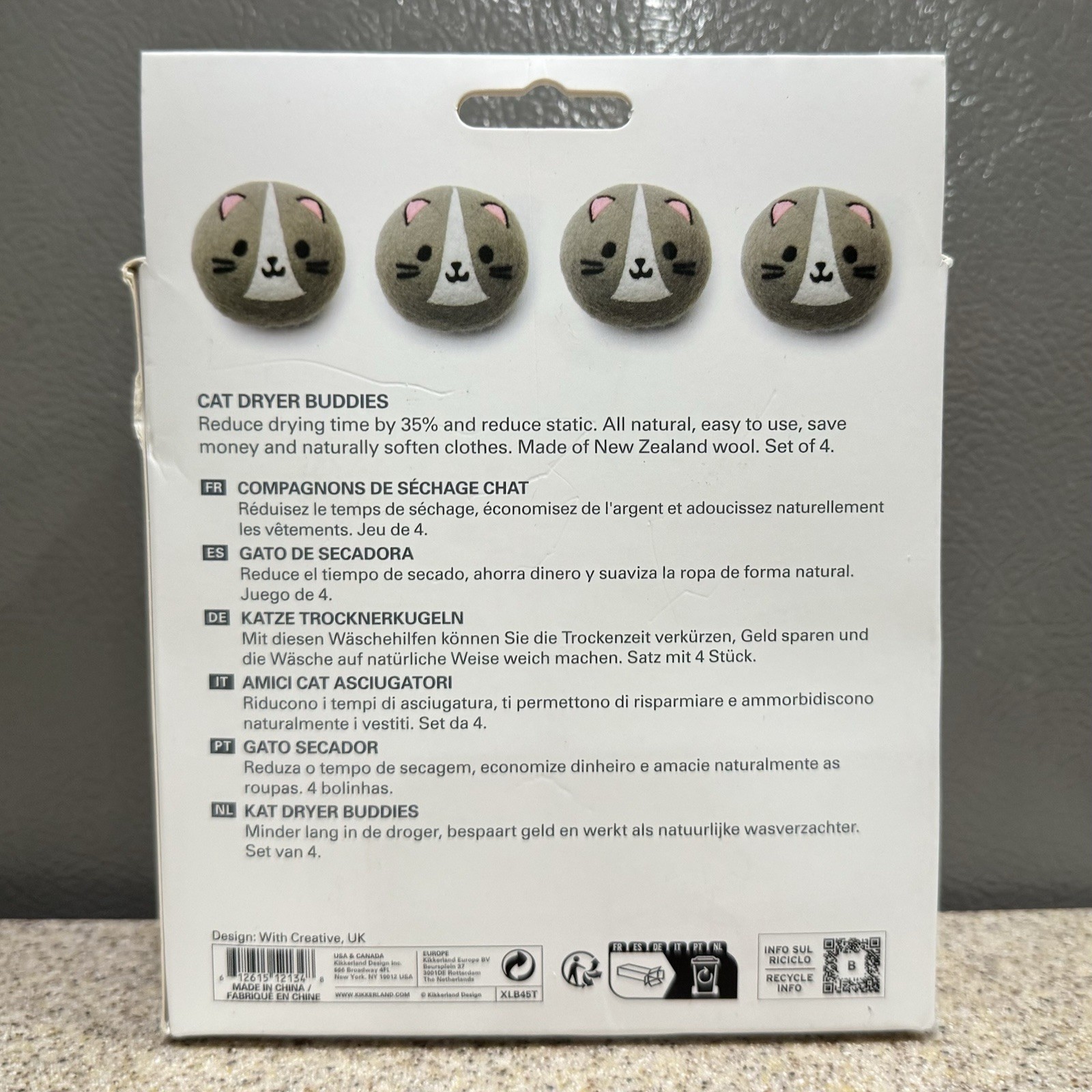 New Kikkerland New Zealand Wool Dryer Balls Cat Buddies 4-pack All Natural