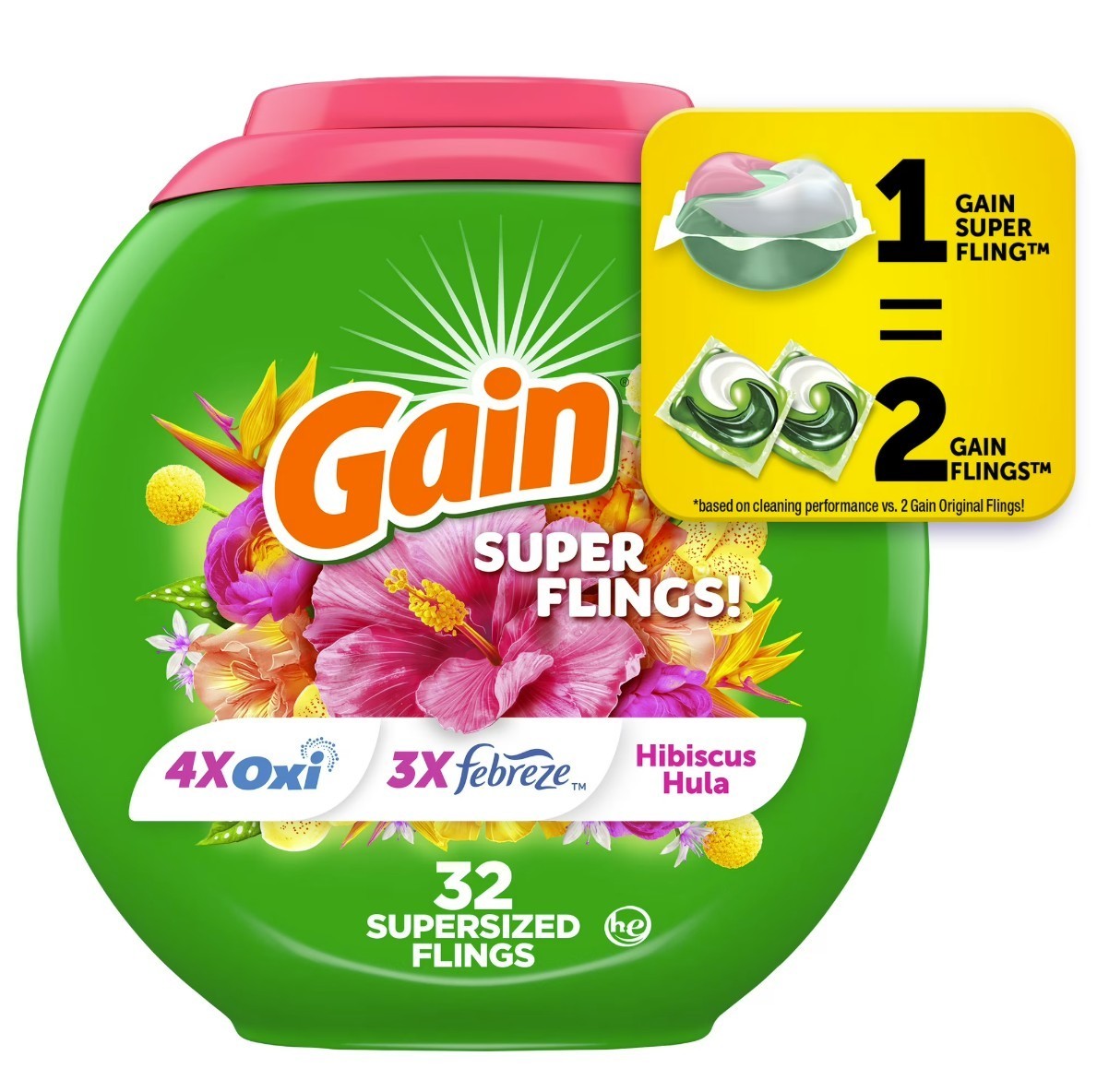 [FASH SALE] Gain Plus Flings Laundry Detergent Pacs Happy Hibiscus 32 Ct 2 Pack