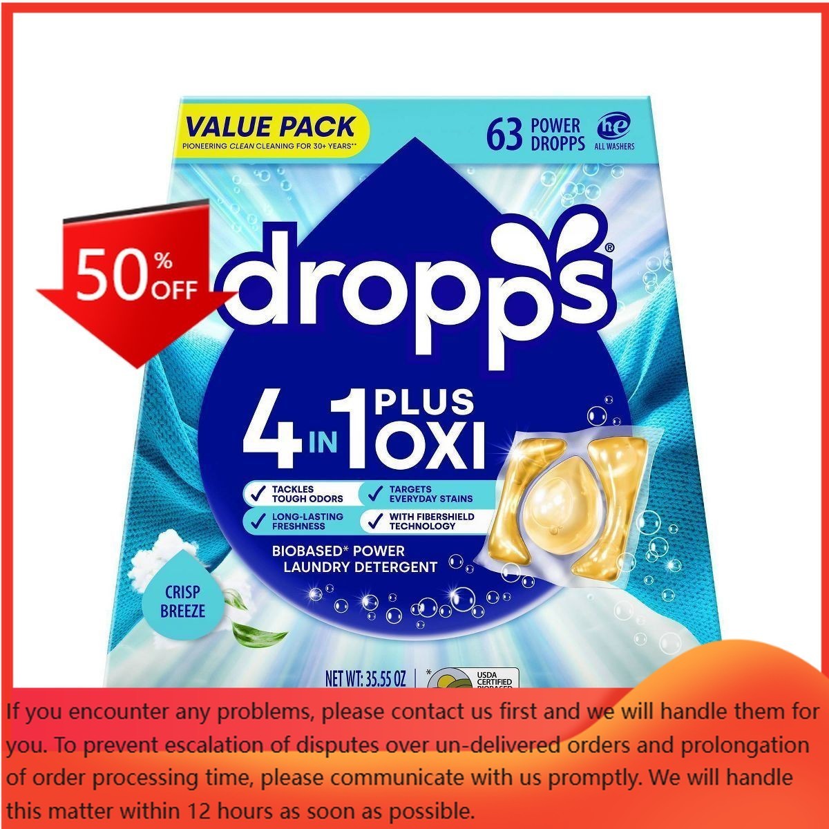 Dropps Crisp Breeze 4-in-1 Plus Oxi Power Biobased Cleaning Pods 63 Pacs-35.55oz