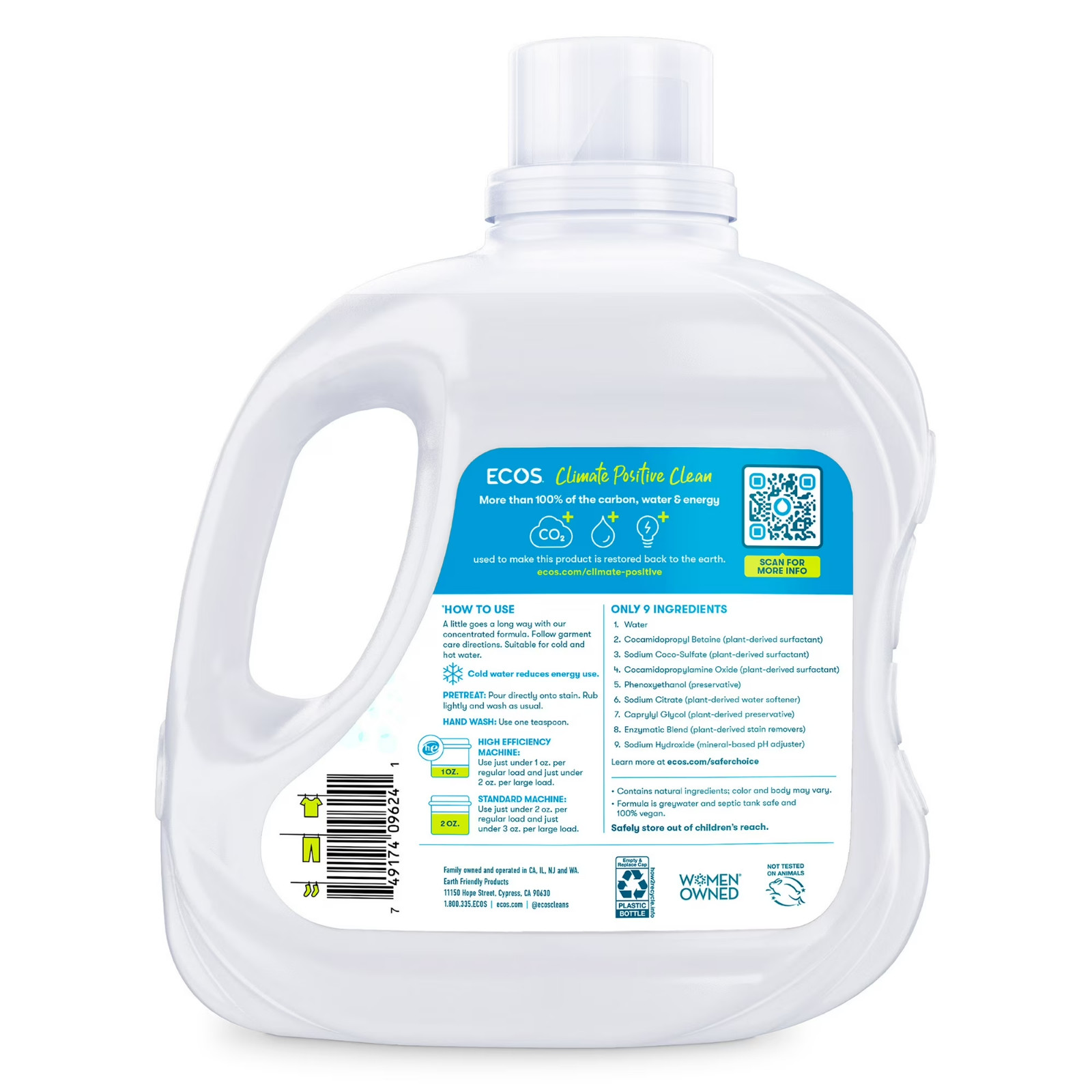 ECOS Hypoallergenic Laundry Detergent, Free & Clear, 120 Loads, 110 oz Bottle