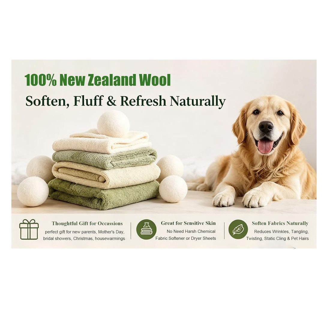XL Wool Dryer Balls 6 Pack 100% New Zealand Wool Reusable Natural Fabric Softene