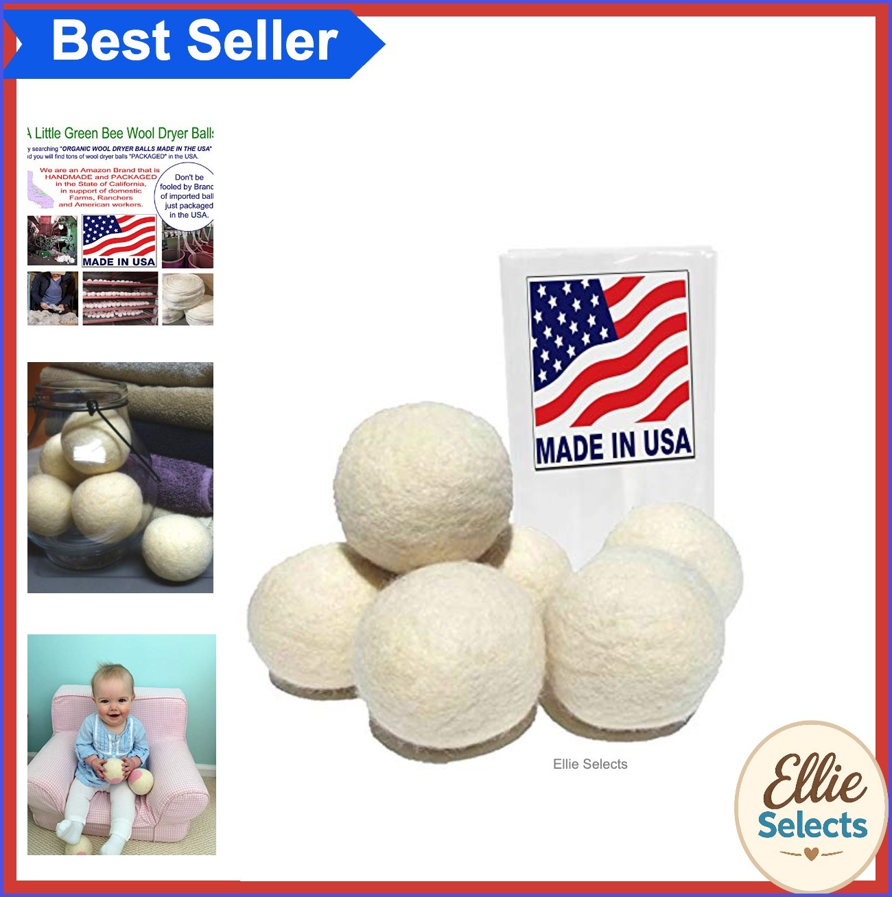 Wool Dryer Balls Set of 6 Natural Unscented XL Reusable Softener USA Made Eco