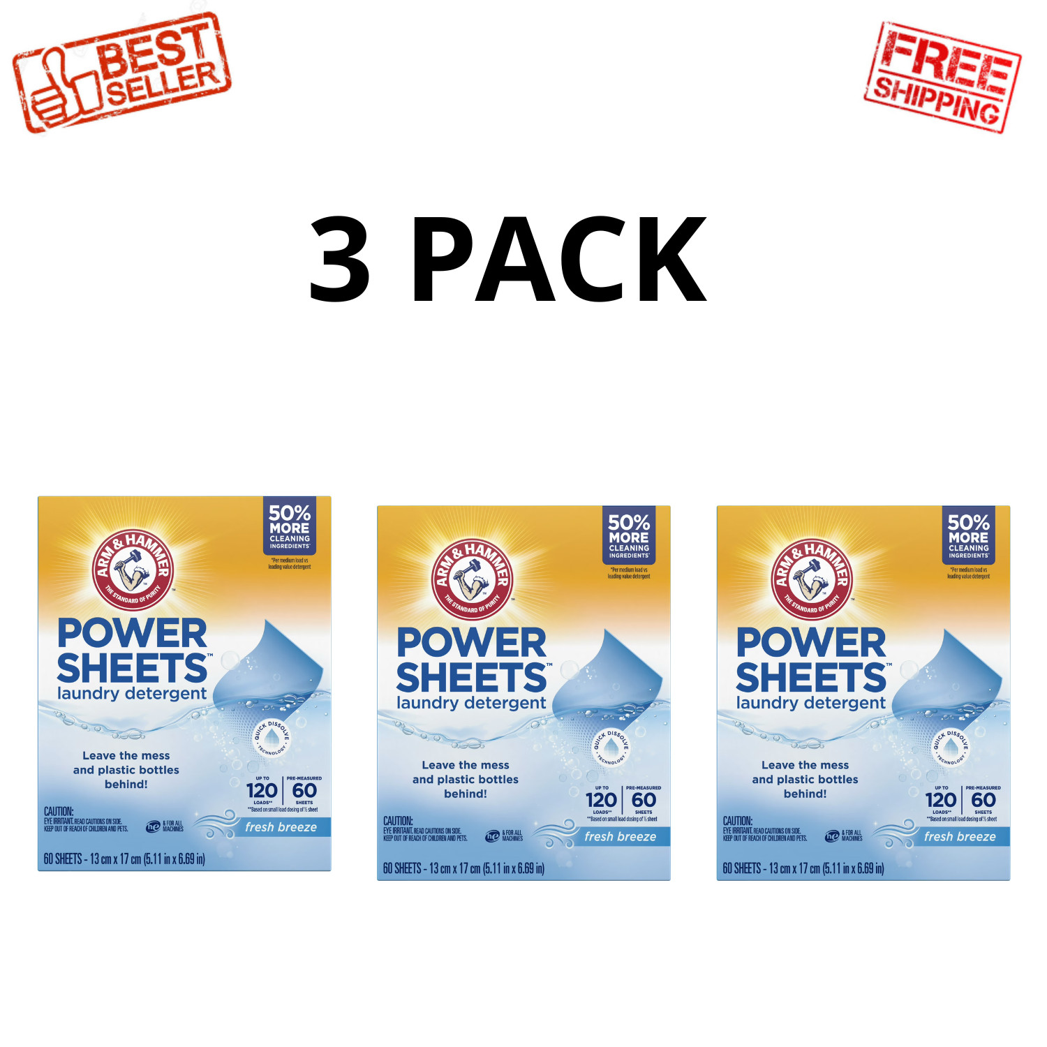 ARM & HAMMER Power Sheets Laundry Detergent Fresh Breeze 60 Ct, 3 Pack
