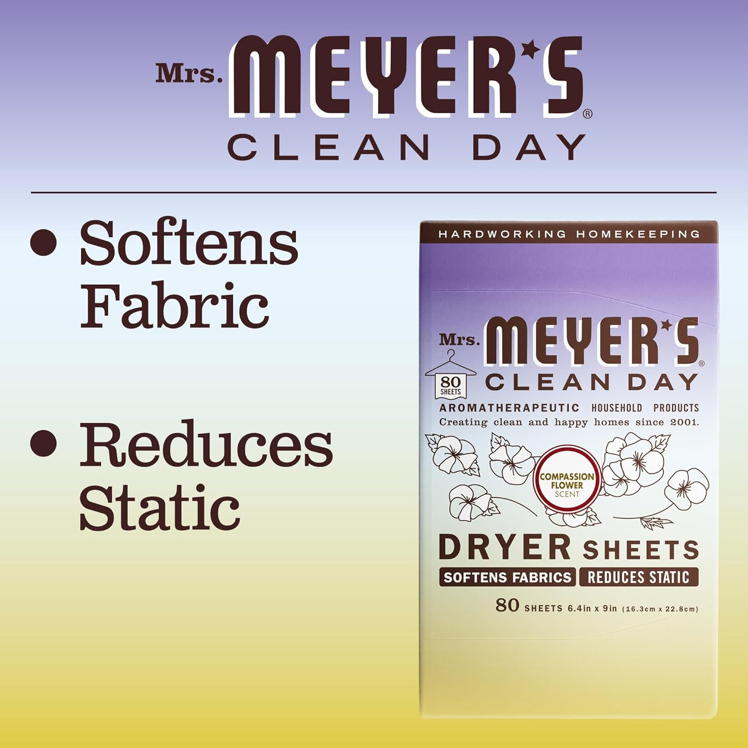 Mrs. Meyer’s Clean Day Dryer Sheets, Fabric Softener, Compassion Flower 80 Count