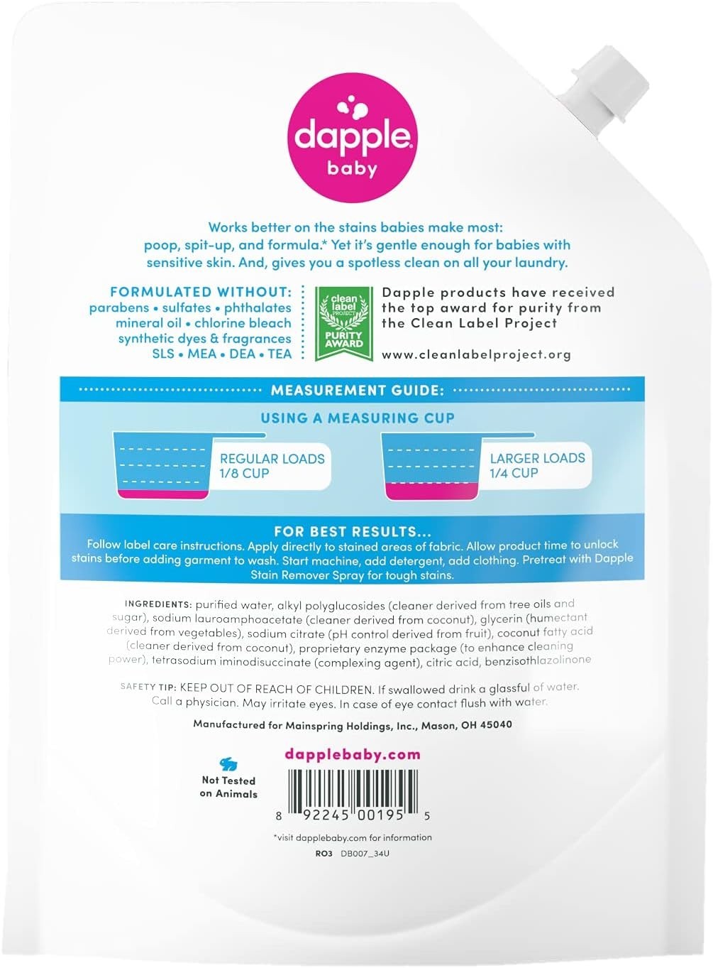 Dapple Baby Laundry Detergent Fragrance Free 34oz