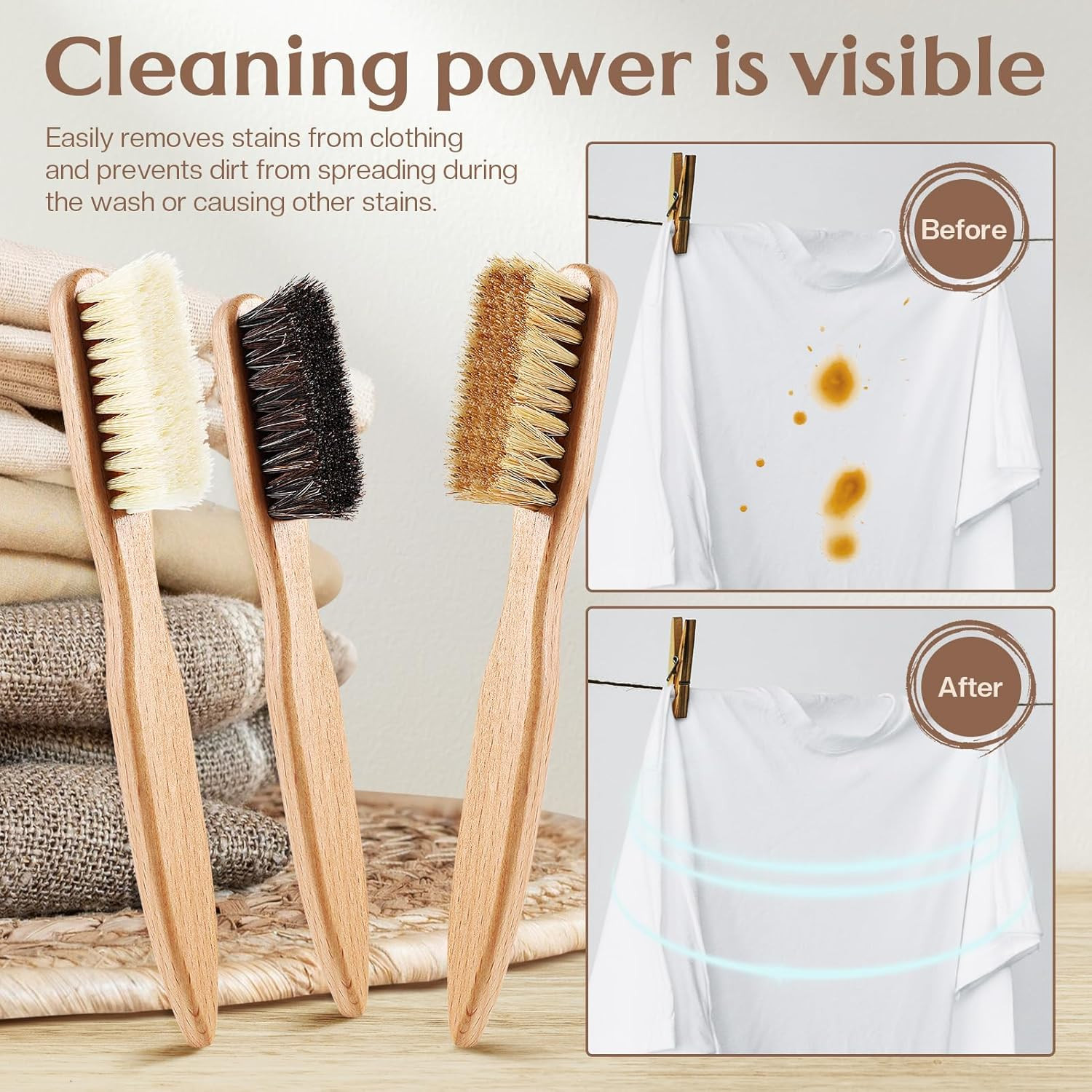 3 Pcs Wood Laundry Stain Brush Stain Remover Brushes with Boar Bristle Small …