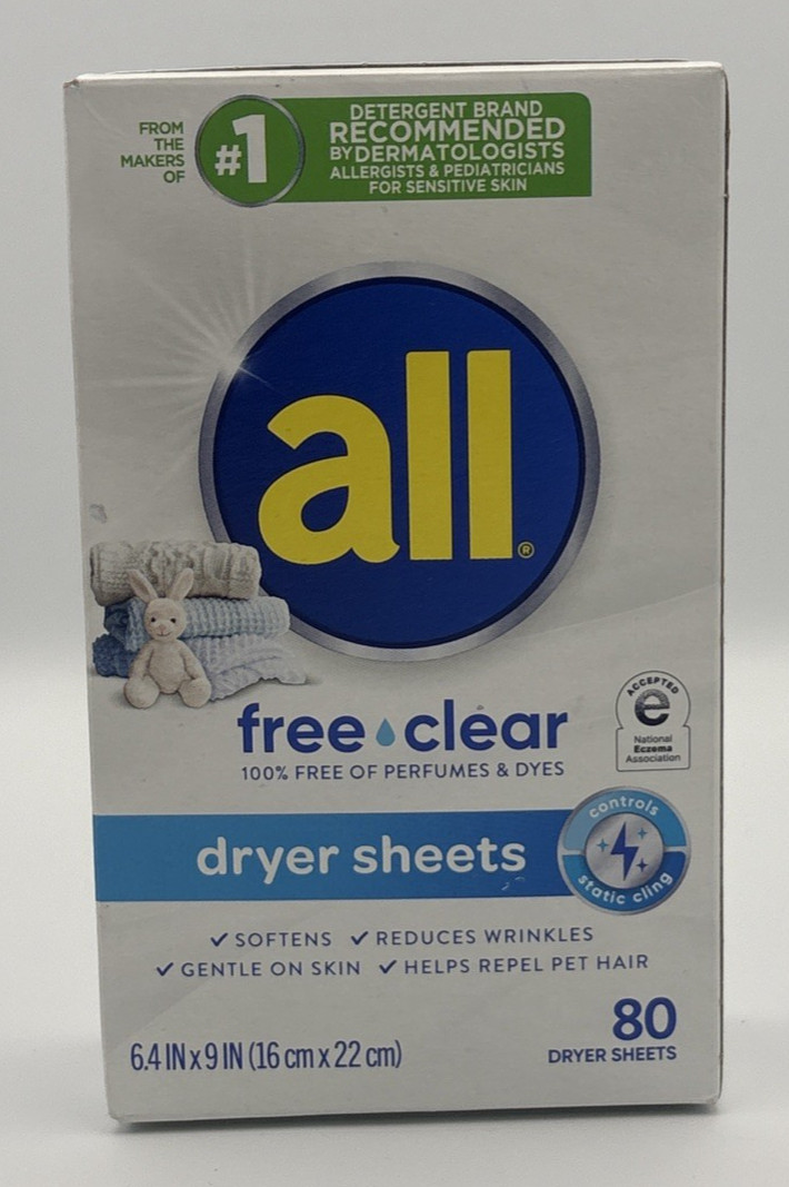 All FREE CLEAR Fabric Softener Dryer Sheets FOR SENSITIVE SKIN, 80 count box