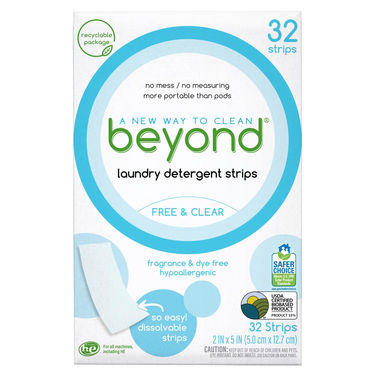 32 Count Laundry Detergent Strips Free Clear Eco Friendly Hypoallergenic