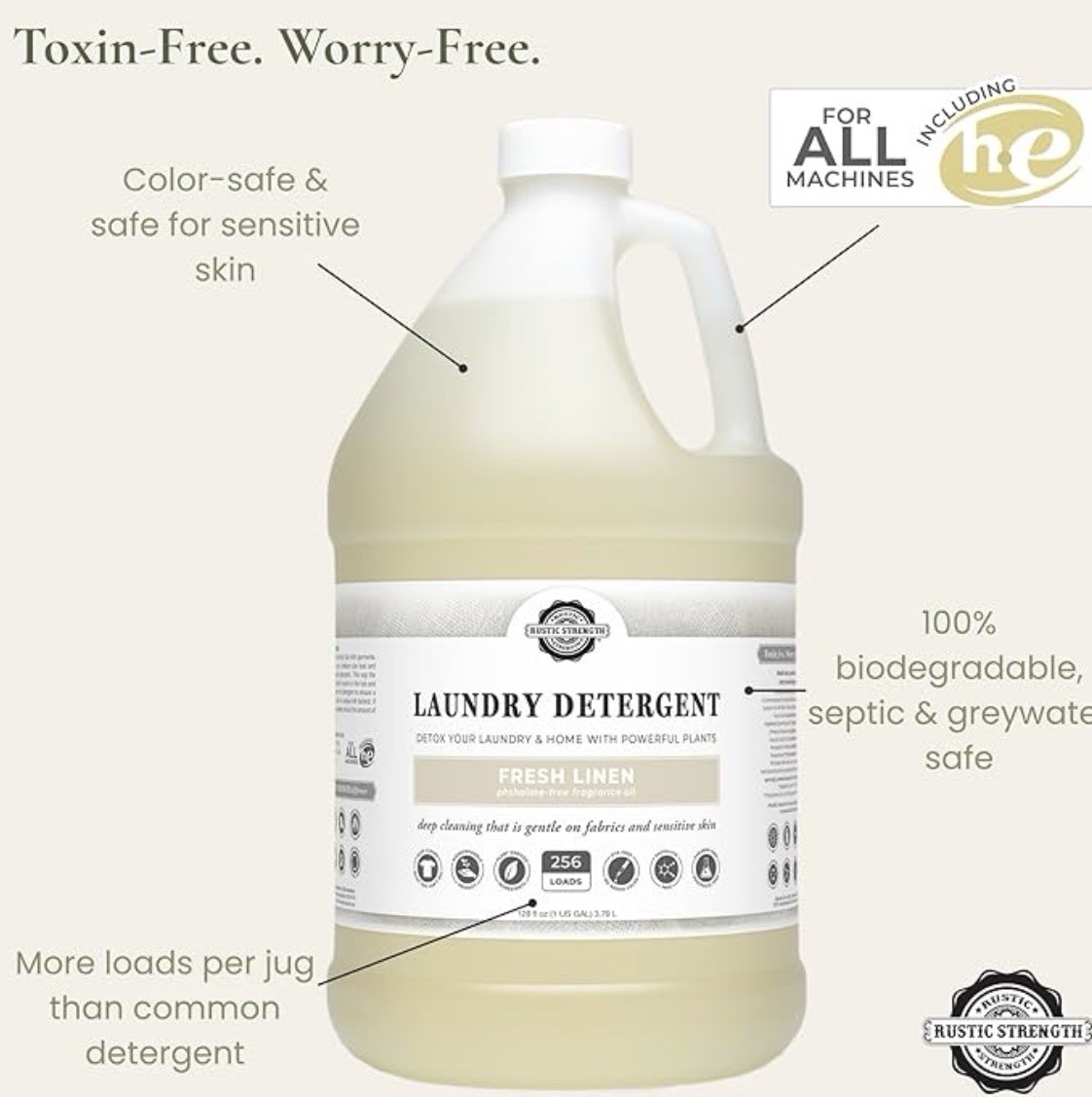 Rustic Strength-Natural Laundry Detergent-Fresh Linen Scent-Sensitive Skin-1 Gal
