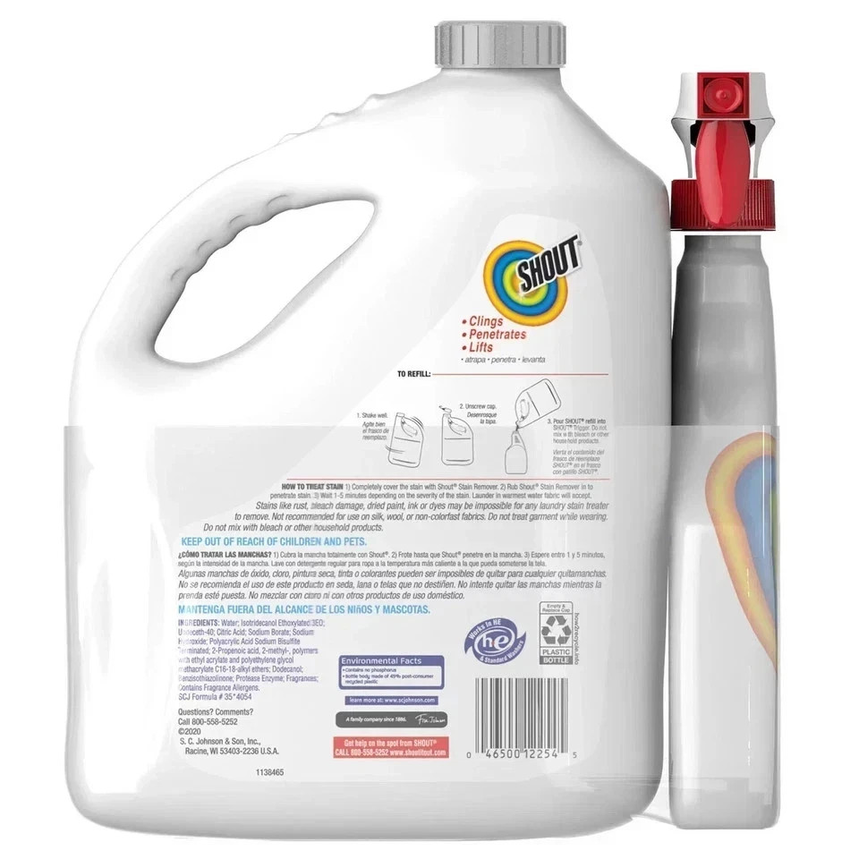 Shout Triple-Acting Laundry Stain Remover, 128 fl. oz. Refill + 22 fl. oz. Trigg