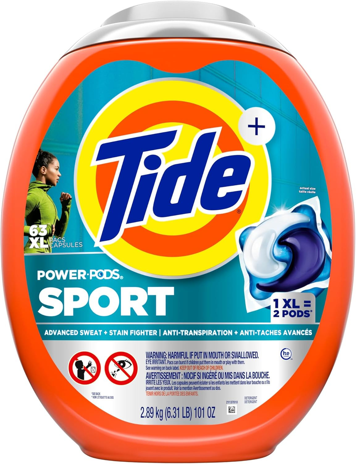 Power Pods Sport Laundry Detergent Pacs, 63 Count, Advanced Sweat + Stain Fig…