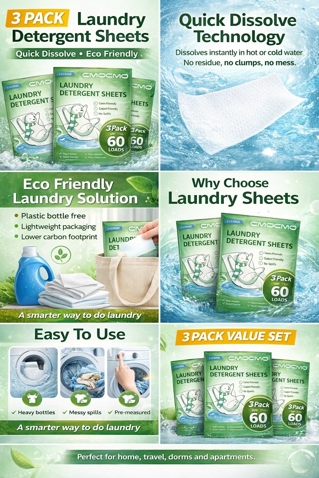 3 Pack Laundry Detergent Sheets Eco Friendly Quick Dissolve Travel Wash 60 Loads