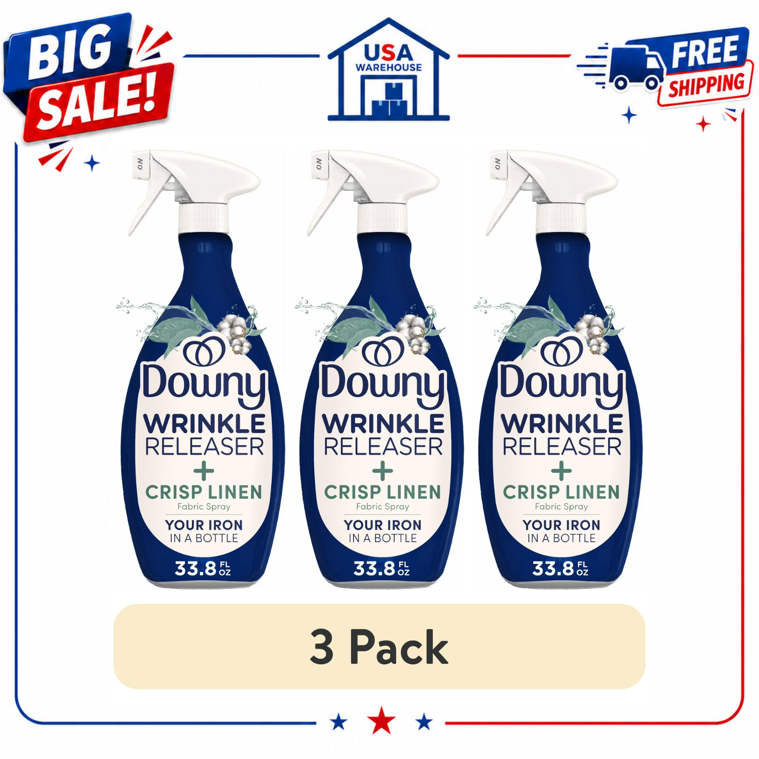(3 Pack) Downy Wrinkle Releaser Fabric Refresher Spray Crisp Linen, 33.8 fl oz