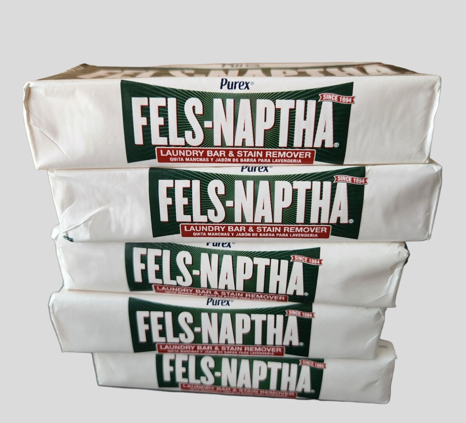 Purex Fels Naptha Laundry Cleaning Bar and Stain Remover 5 Ounce -Lot of 5 bars