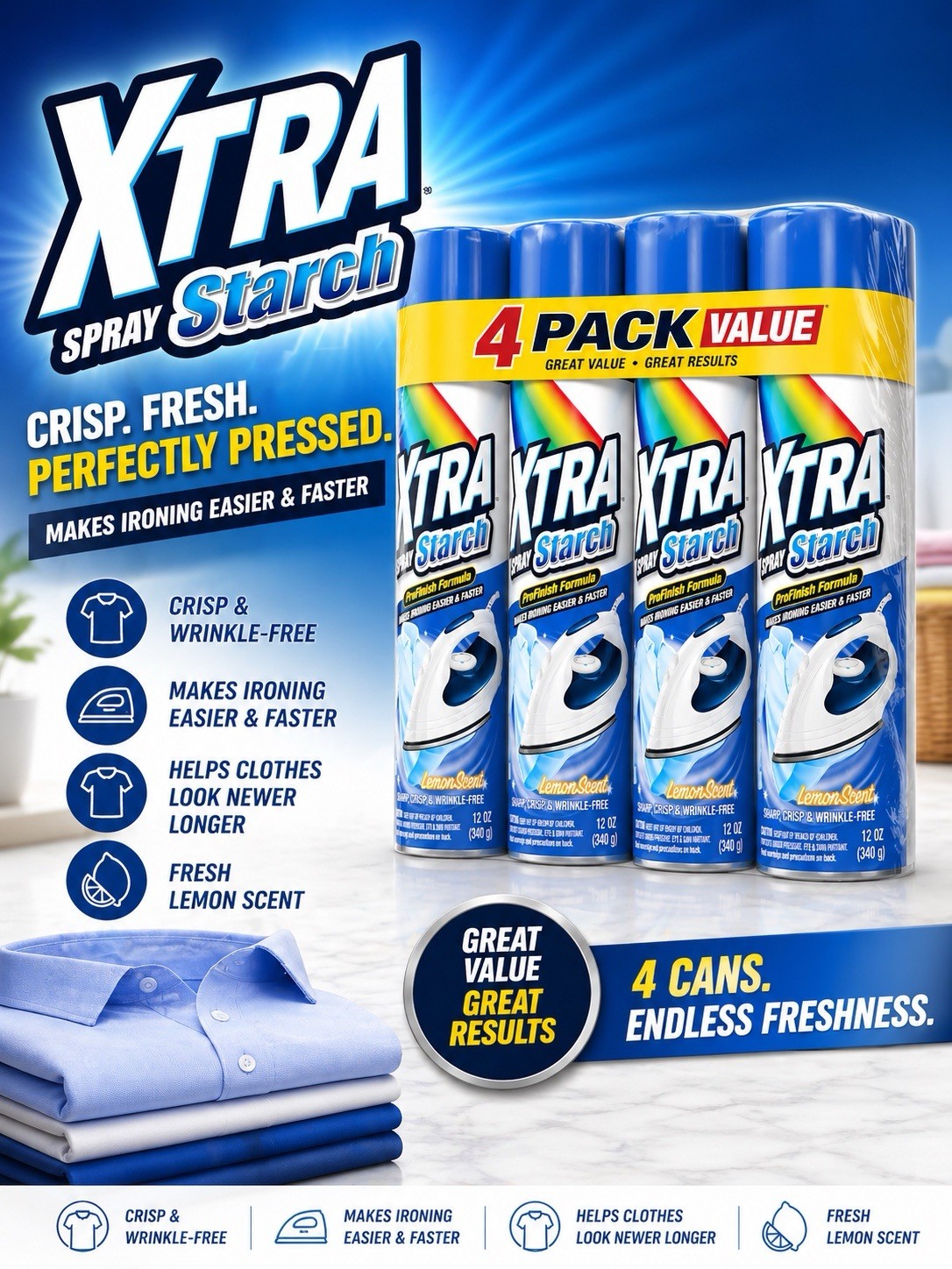 XTRA SPRAY STARCH LEMON SCENTED PRO FINISH FORMULA 12oz 4 PK 🔹