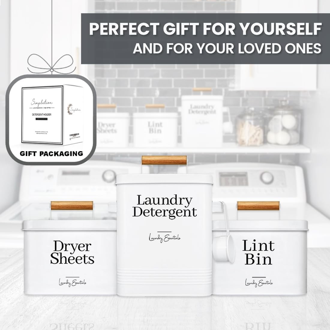 (2 Pack Bundle Modern Farmhouse Dryer Sheet Holder & Laundry Detergent Container