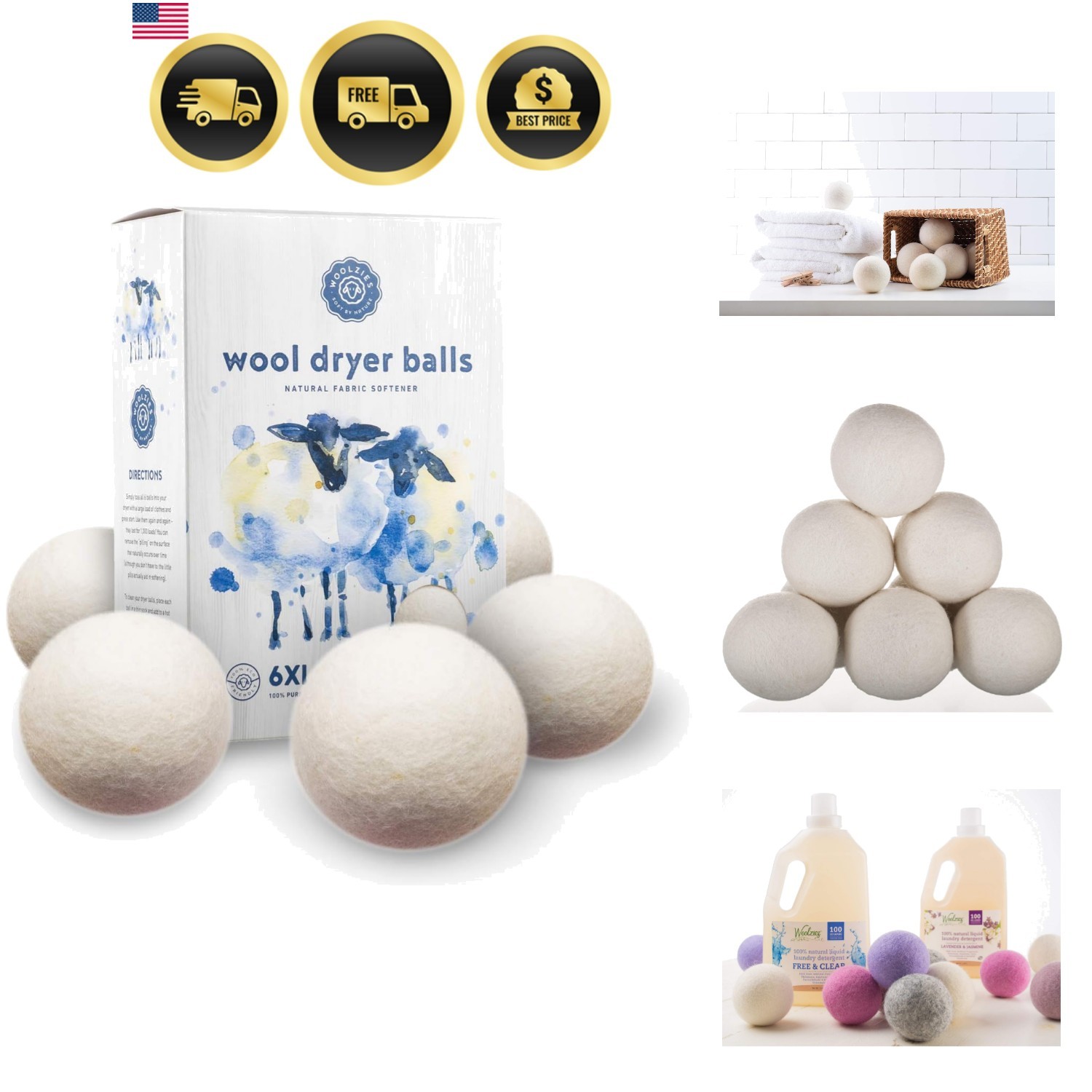 Wool Dryer Balls Organic Fabric Softener 6 Pack XL Eco Friendly Laundry Balls