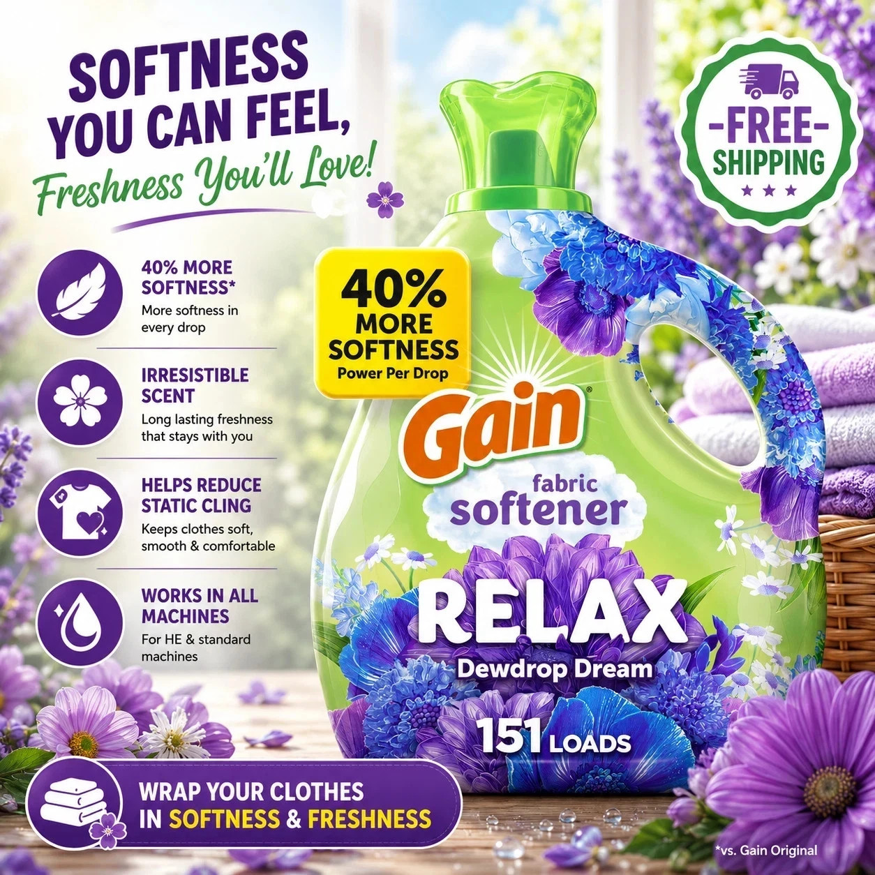 Gain Relax Fabric Softener Dewdrop Dream 101oz 151 Loads- Free Shipping