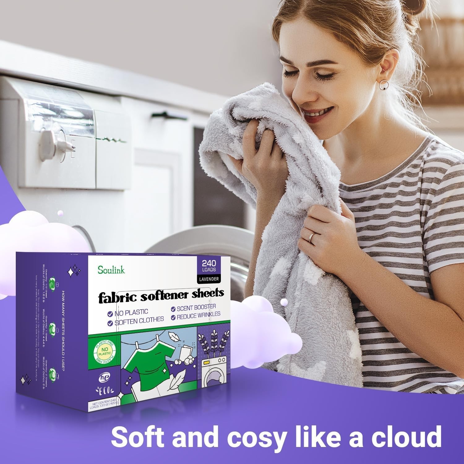 Travel-Friendly Lavender Fabric Softener Sheets – 240 Loads, Safe and Effective