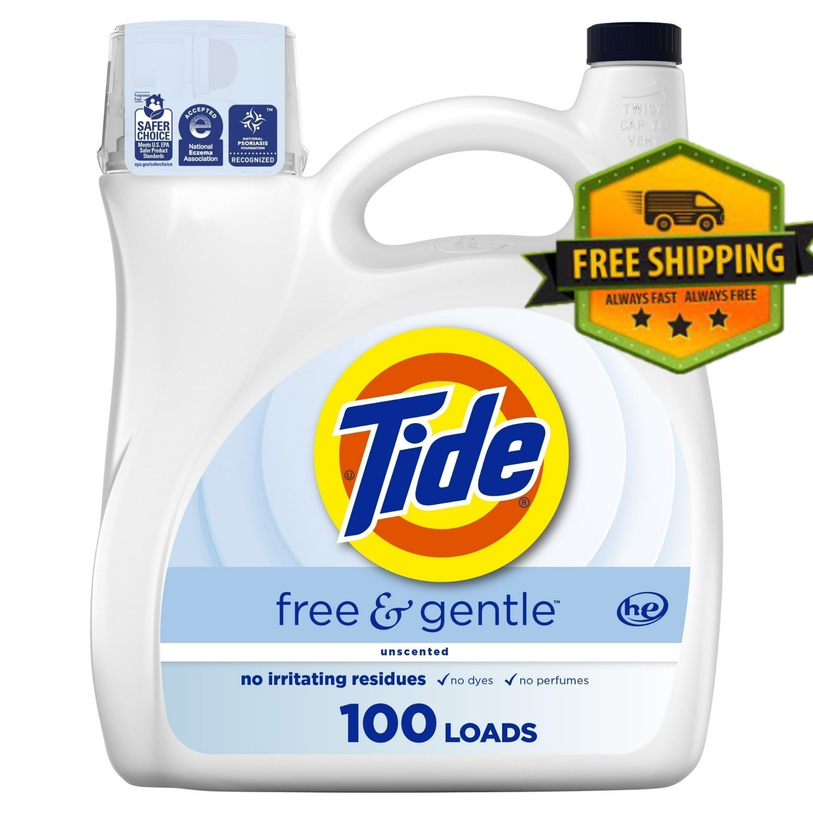 Tide Free & Gentle Liquid Laundry Detergent, 132 fl oz (100 loads)